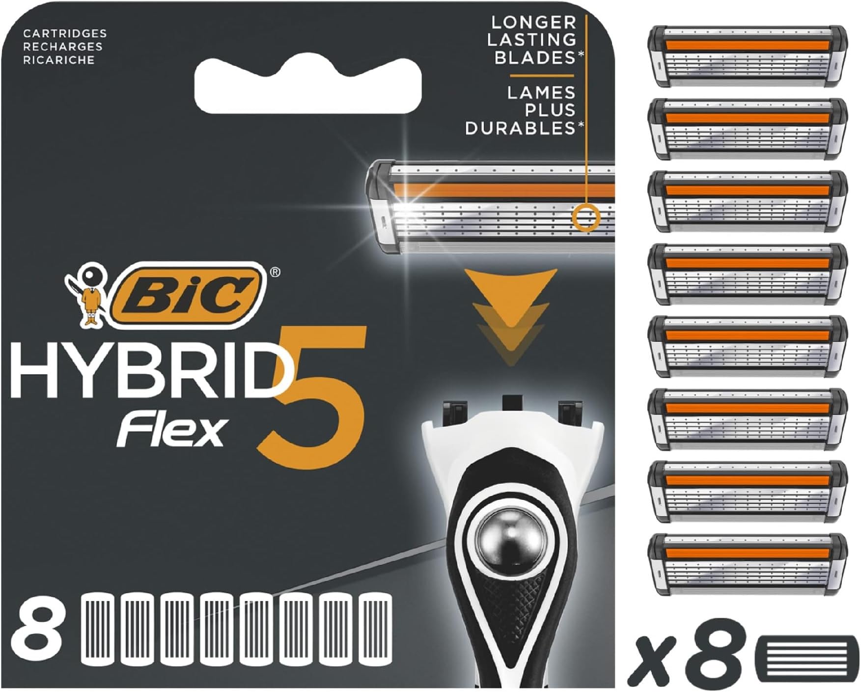 Bic Hybrid 5 Flex Men's Razor Refills with 5 Moveable Nano-Tech Titanium Blades - Box of 8 Cartridges, Black/White