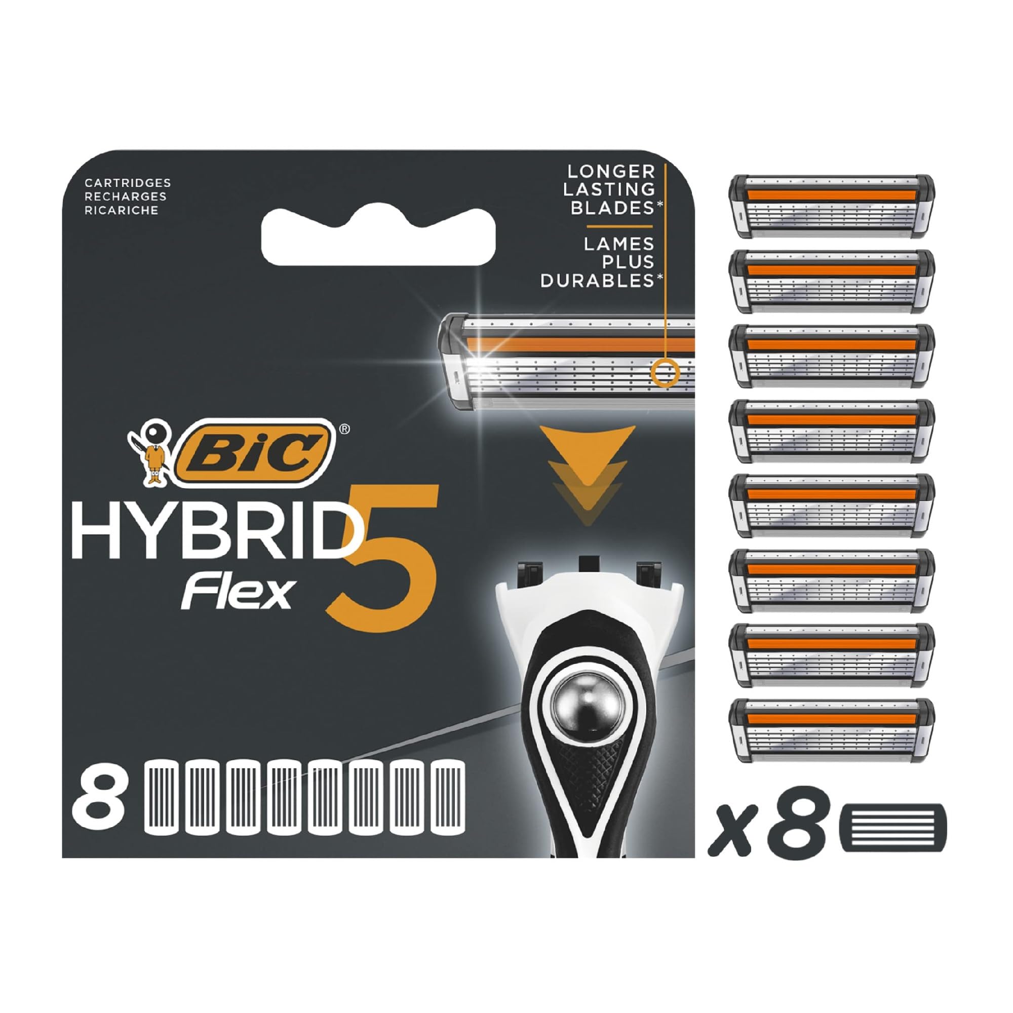 Bic Hybrid 5 Flex Men's Razor Refills with 5 Moveable Nano-Tech Titanium Blades - Box of 8 Cartridges, Black/White