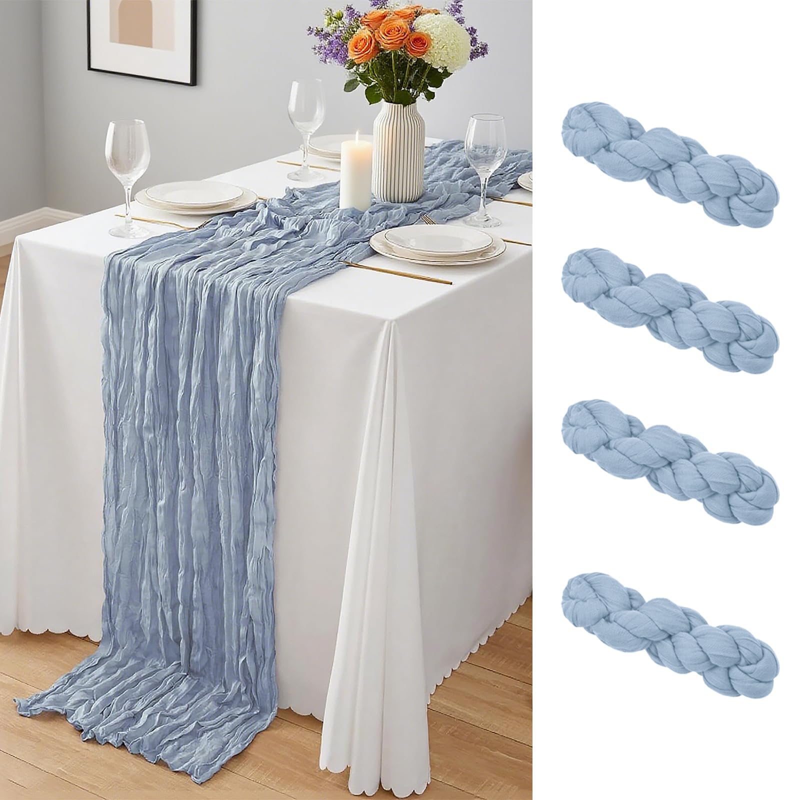4 Pack Dusty Blue Cheesecloth Table Runner, Semi Sheer Gauze Table Runners 21.5 x 120 Inch, 10Ft Bulk Cheese Cloth Fabric Runner for Wedding, Party, Baby Shower, Bridal Shower