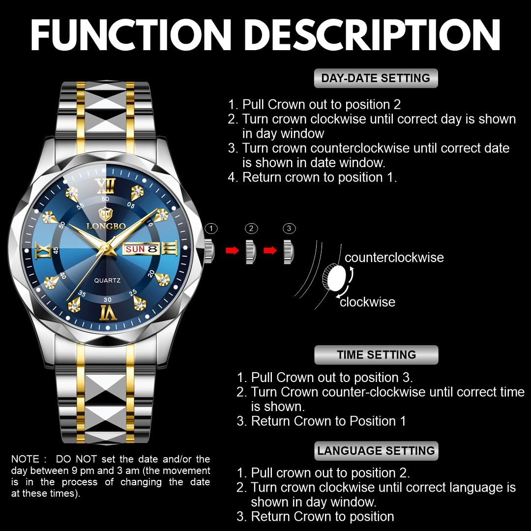 LONGBO Zenith Diamond Analog Watch for Men Business Stainless Steel Watches Luxury Men’s Wristwatch | Birthday Gift for Men | Gift for Husband | Gift for Brother (Silver-Gold-Blue) 4