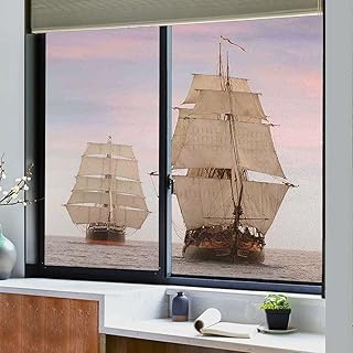 Window Privacy Film Non-Adhesive Window Film Glass Window Coverings for Bedroom Bathroom Home Kitchen Office Wooden Sailing Ship Waves 11.8Wx23.6L-inch x2 Pcs