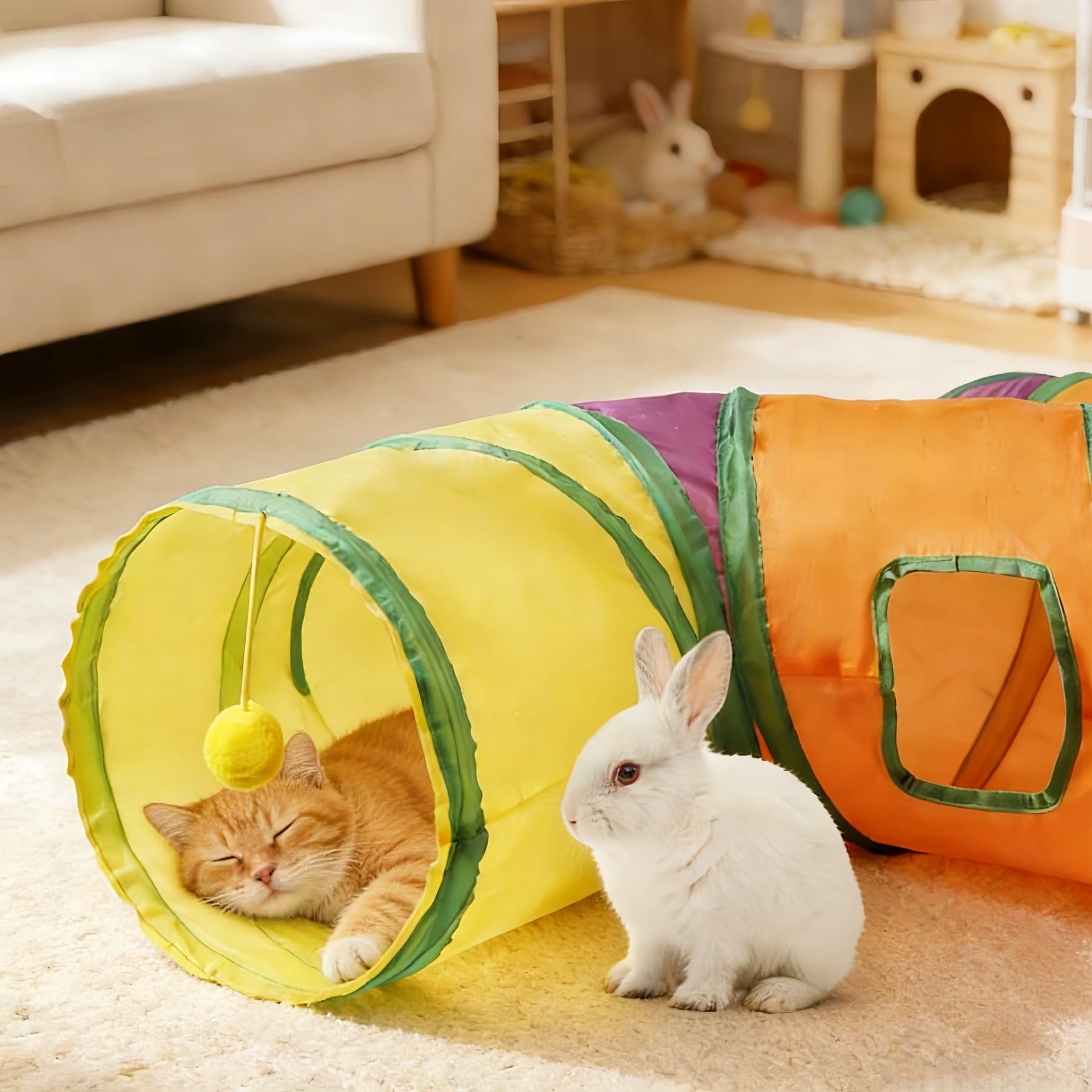 Letto a tunnel a forma di coniglio, a 4 vie, pieghevole, con cuscino, lavabile, resistente agli strappi, con coperta rosa, per gattini, conigli, porcellini d'India, per riposo, esercizio e