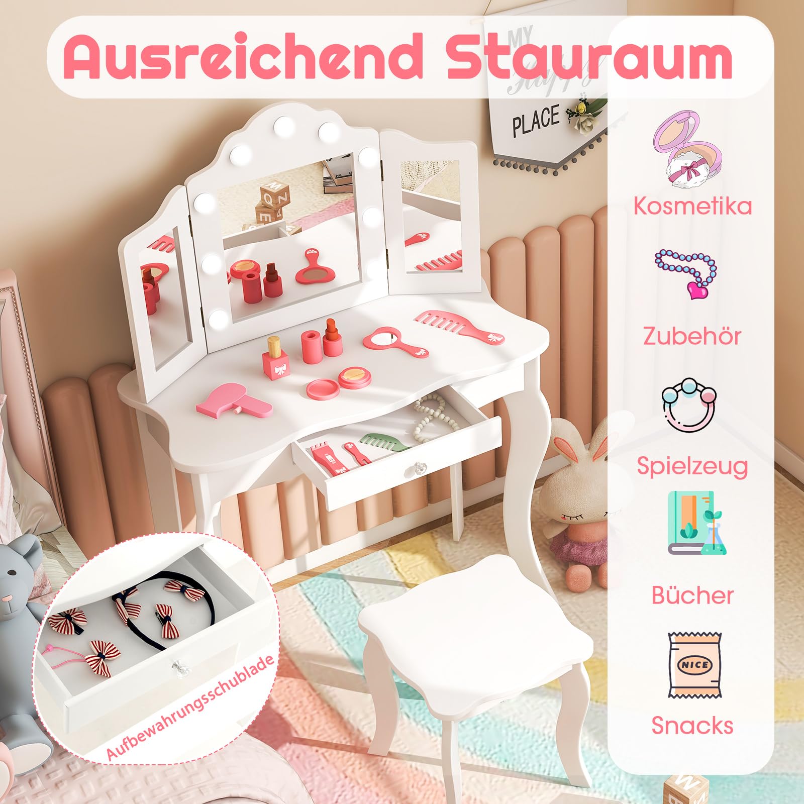 COSTWAY 2 in 1 Kinder Schminktisch mit Beleuchtung, Frisiertisch mit LED-Leuchten, klappbarem Spiegel & Schubladen, Kosmetiktisch Prinzessin für Kinder Mädchen(Weiß)