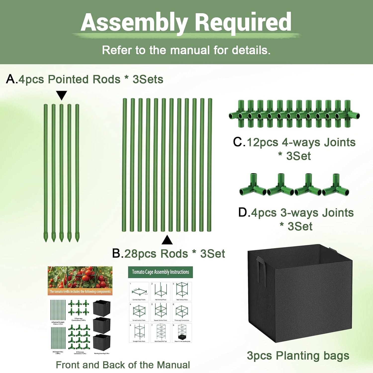 3 Pack Tomato Cages with Grow Bags, 59 Inch Adjustable Square Plant Support Trellis, Steel Core Plastic Coated Tomato Plant Stakes for Garden Vegetables, Cucumbers, Peppers