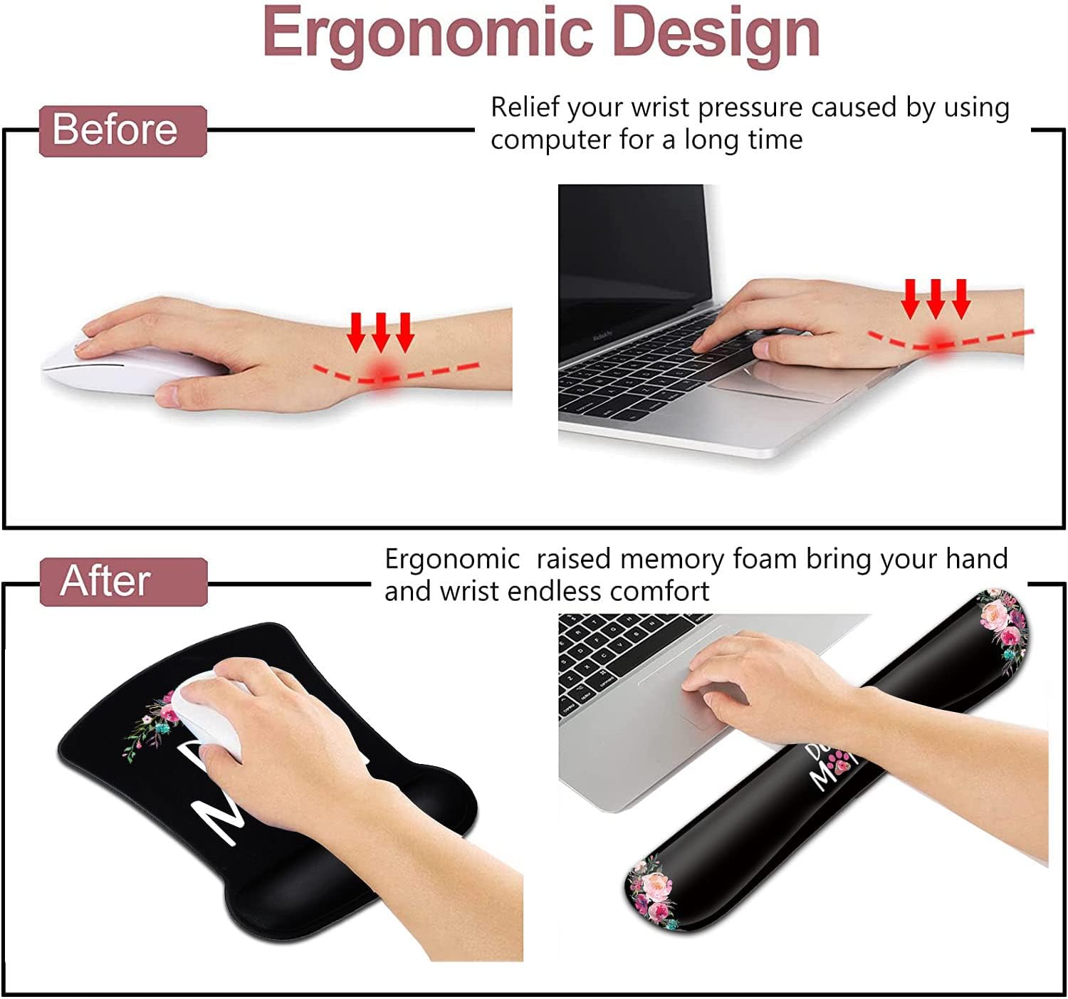 Ergonomic Mouse Pad with Gel Wrist Rest Support,Cute Dog Mom Floral and Black MousePads Desktop Decoration，Suitable for Office Typing Games Mousepad Soft Keyboard Wrist Rest to Relieve Wrist Fatigue