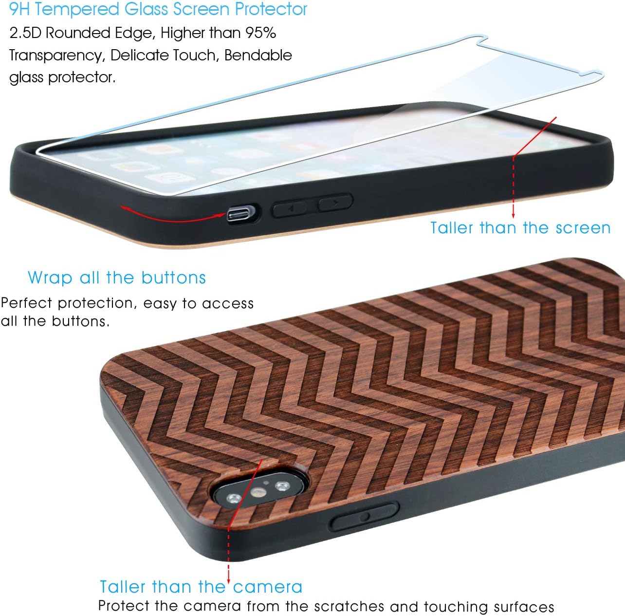 Rеvіеw Dіѕсоunt iProductsUS Geometric Wood Phone Case Compatible with iPhone Xs, X and Screen Protector, Engraved Strips, Built-in Metal Plate, Compatible Wireless Charging, TPU Shockproof Cover (5.8 inch)