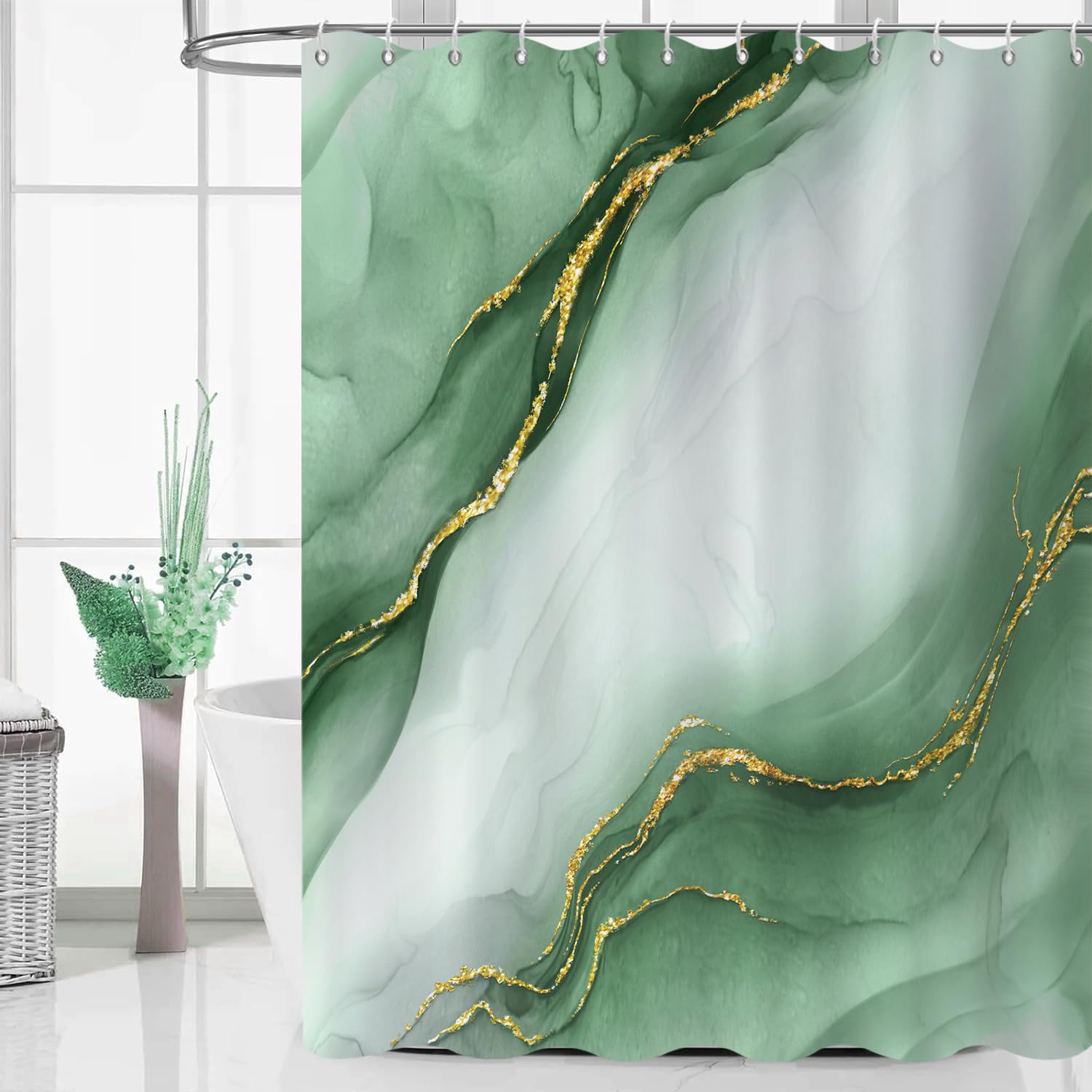 GCIREC Shower Curtain, 180x240cm, Sage Green Gradient with Gold Marble Modern Art Waterproof Fabric Machine Washable Bathroom Curtain with Hooks