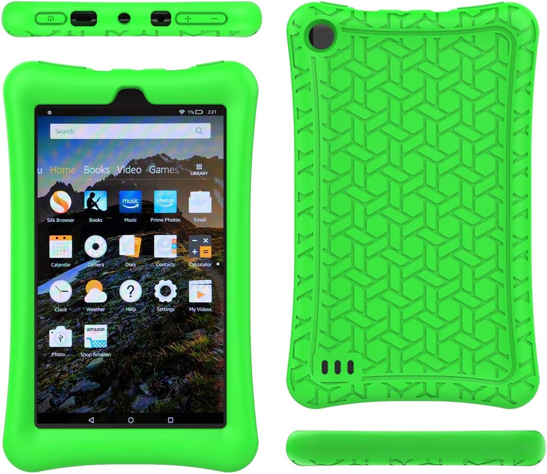 BMOUO Silicone Case for All-New Amazon Fire 7 Tablet (7th and 9th Generation, 2017 and 2019 Release) - Upgraded Comb Version Kids Friendly Light Weight Anti Slip Shock Proof Protective Cover, Green