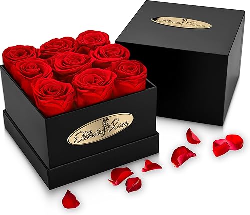 The Eternity Rose Rosas preservadas de 9 piezas en una caja de regalo de lujo, rosas reales en caja negra cuadrada, un regalo de San Valentín tan