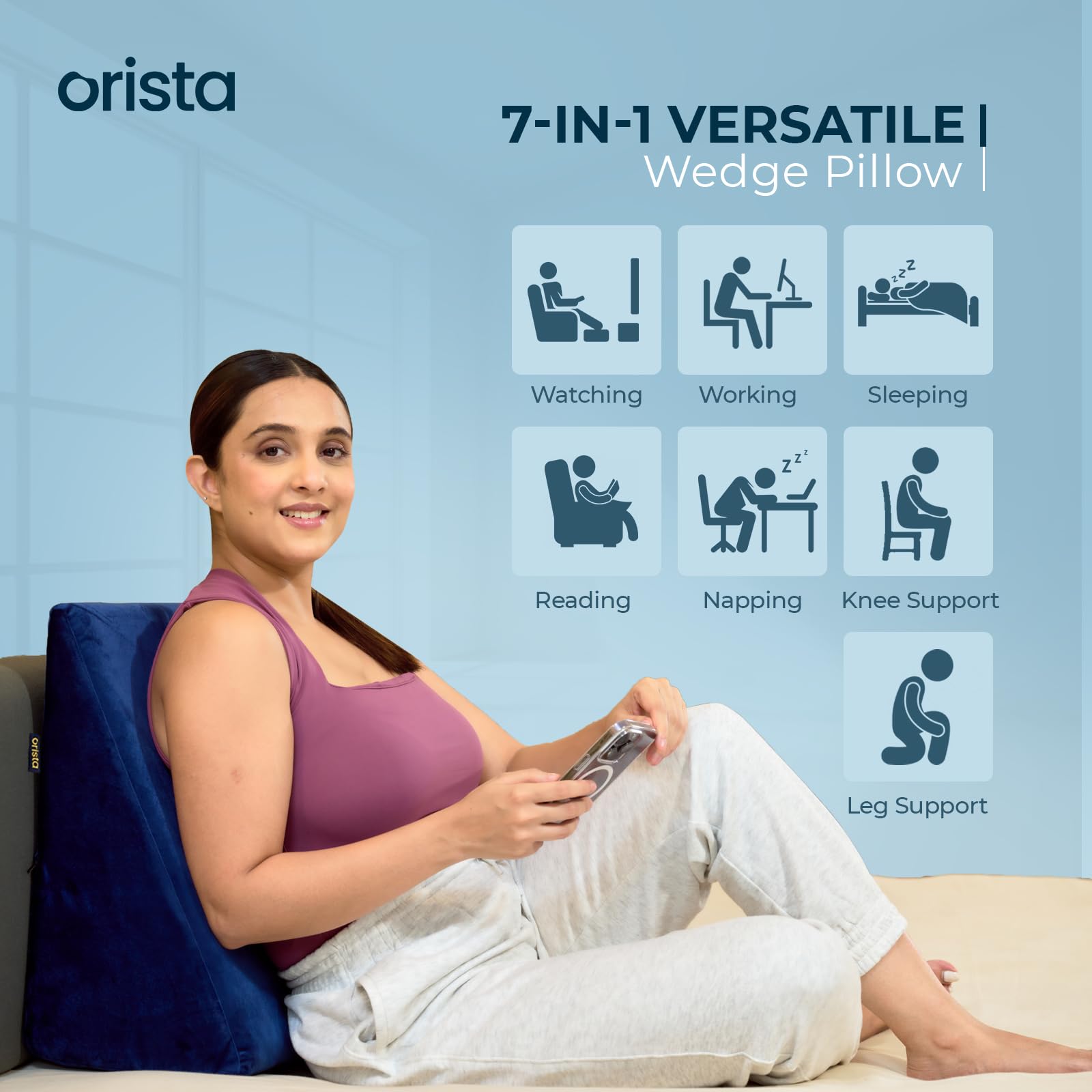 Orista™ Wedge Pillow Made with Advance Gel Blended Memory Foam Complete Back Support, Acid Reflux, Anti Snoring, Leg Elevation, Improves Comfort and Posture | 20 x 20 x 10 Inch | Blue Velvet Cover - Image 5 thumbnail