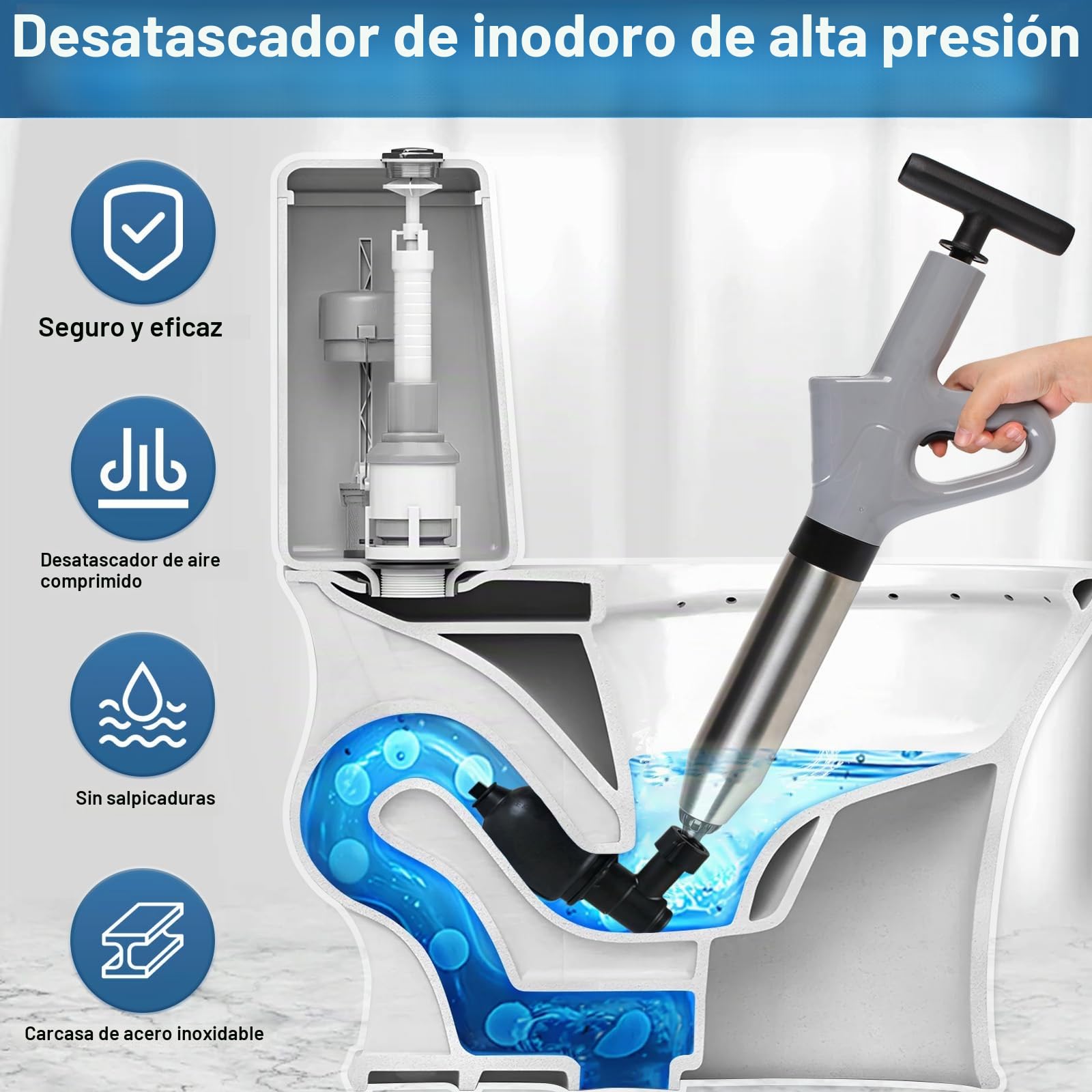 Limpiador de tuberías de aire comprimido, bomba desatascadora con compresión de aire e indicador de presión de aire, limpiador de tuberías de aire comprimido con 4 cabezales intercambiables para