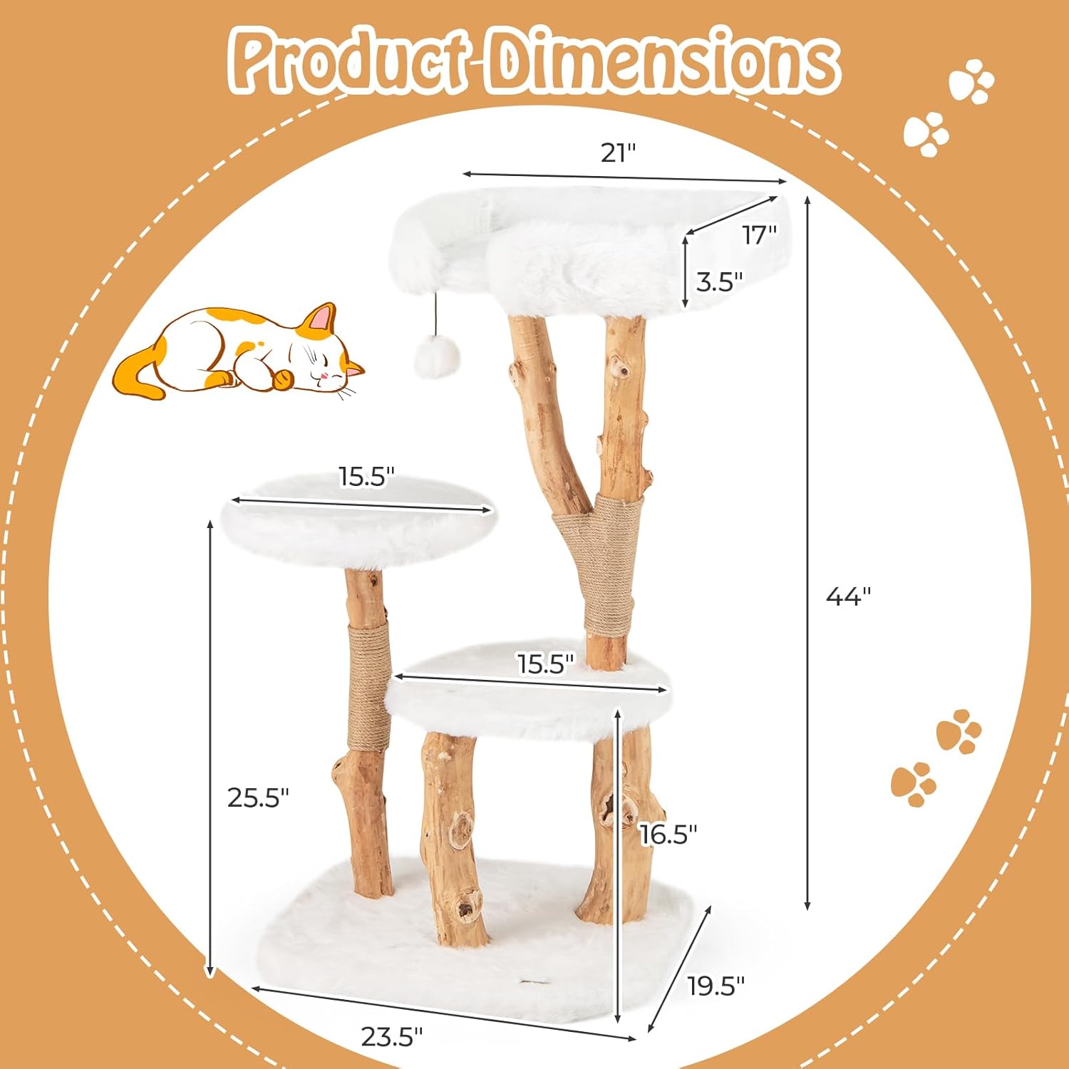 PETSITE 44 inch Wood Cat Tree, Modern Wooden Cat Tower with Jute Scratching Posts, Top Perch, Soft Long Plush and Dangling Ball, Pear Wood Branches Cute Cat Tree for Indoor Cats