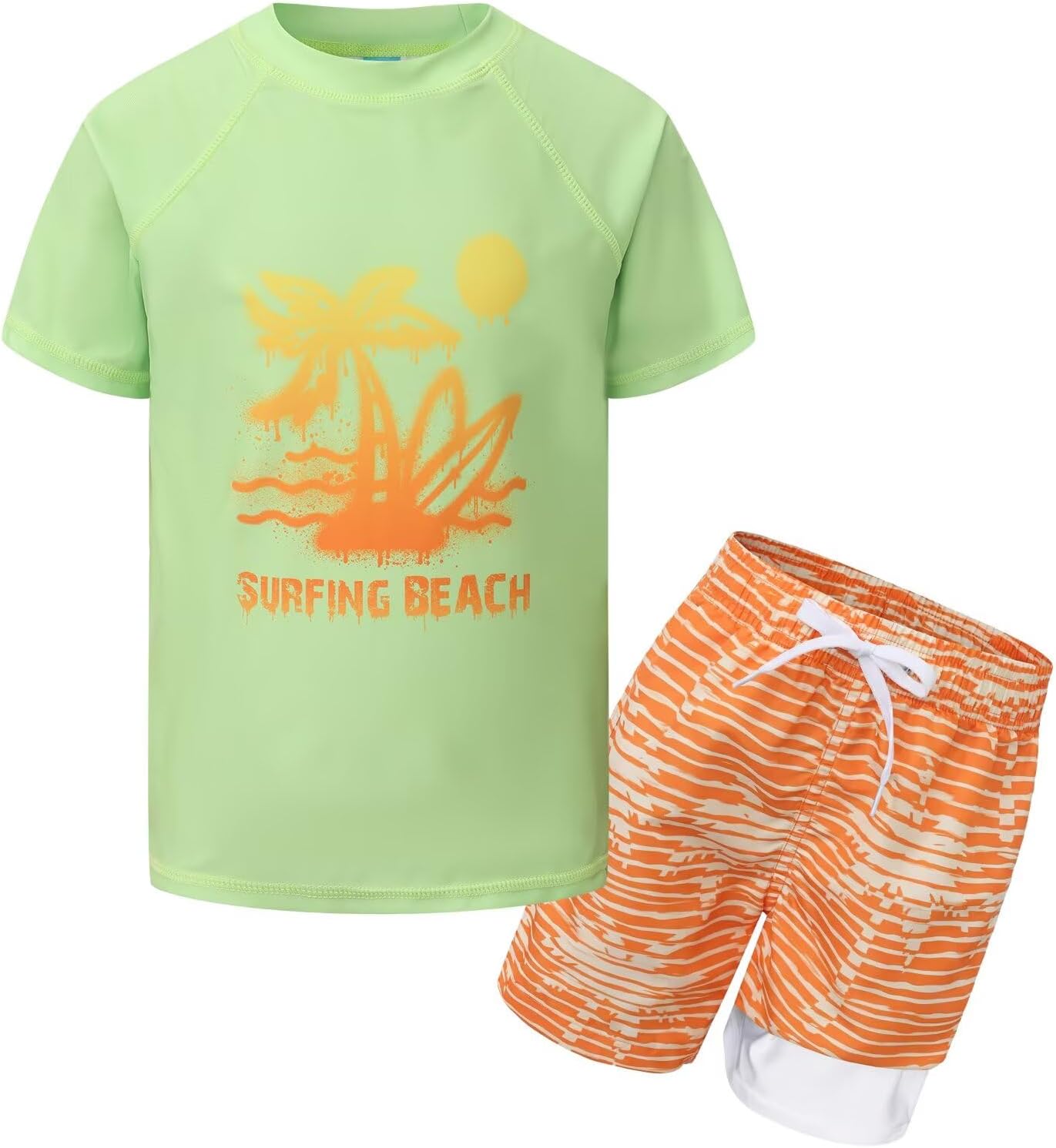 Boys Swim Set, Rash Guard Swimsuits Set Short Sleeve Bathing Suit with Compression Liner Swim Trunks Swimwear 3-16 Years