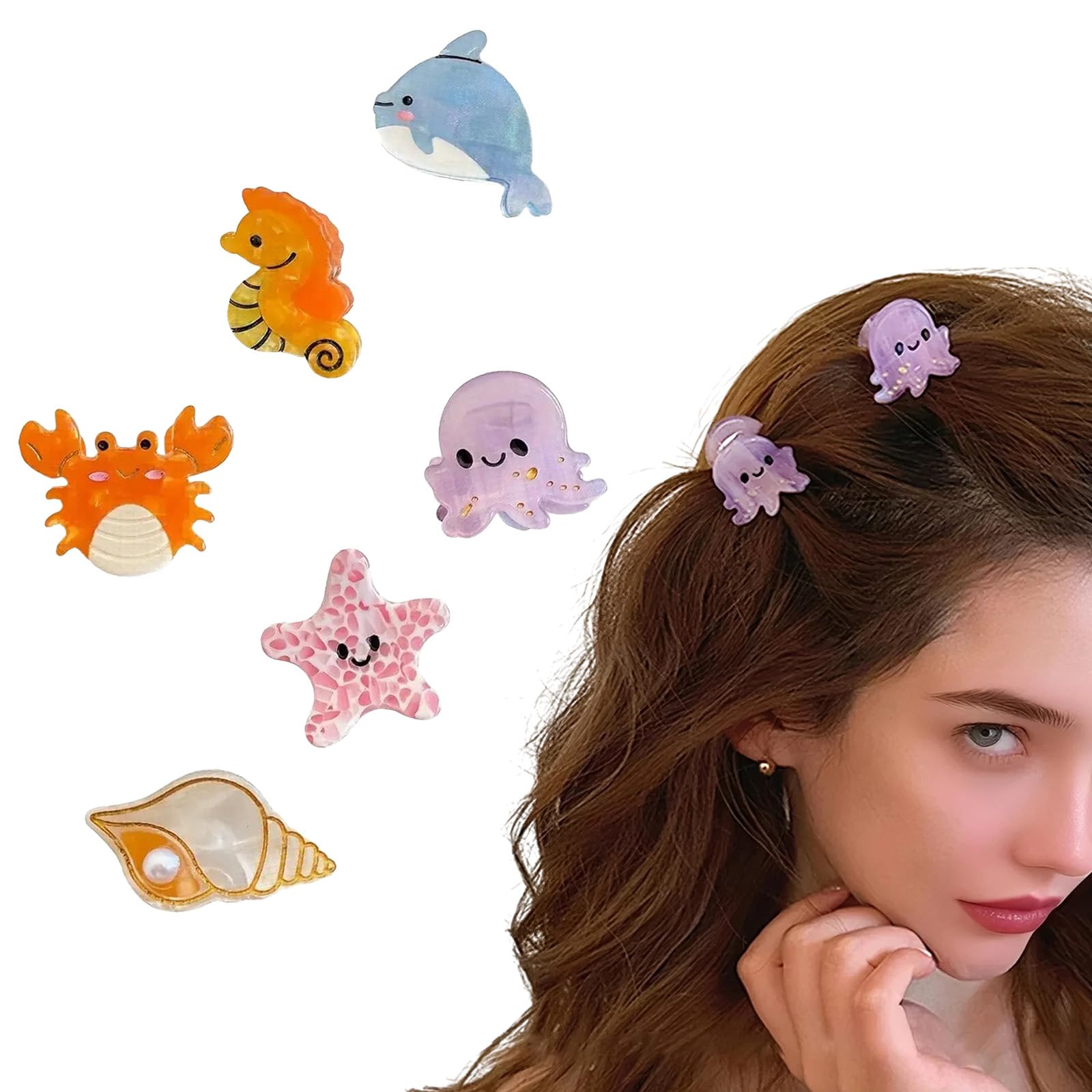 6 Pcs Ocean Animal Hair Claw Clips for Women, Octopus, Whale, Crab, Conch, Dolphin, Seahorse, Starfish Hair Clips, Small Hair Claw, Cute Claw Clip,