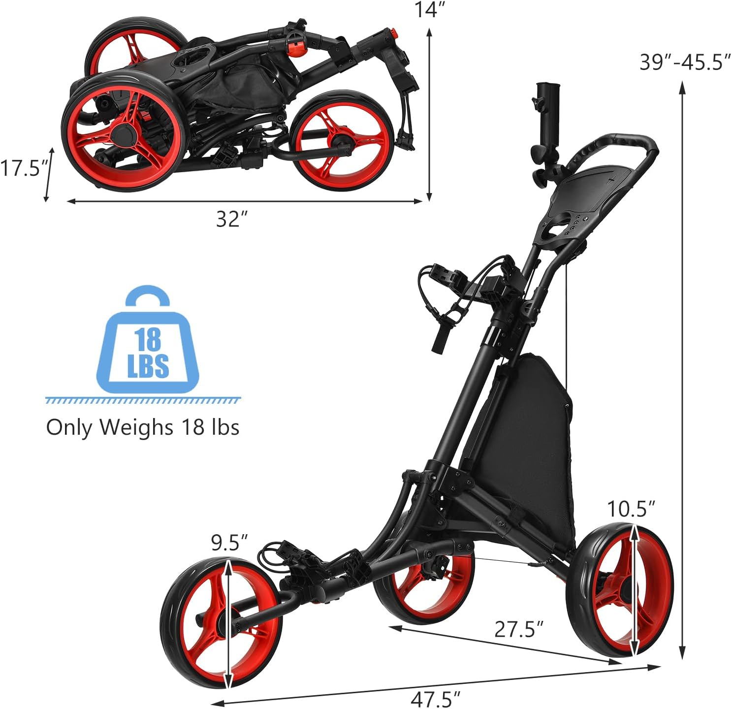 Tangkula Golf Push Pull Cart, Lightweight Aluminum Collapsible 3 Wheels Push Cart, Golf Trolley with Elastic Strap, Umbrella & Cup Holder, Scoreboard Storage & Foot Brake, Golf Cart