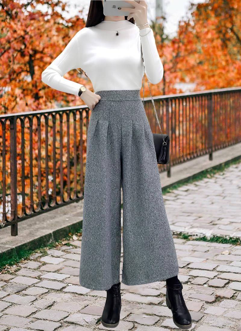 chouyatou Women's Winter High Waist Wide Leg Plaid Wool Blend Palazzo Capri Pants Culottes with Pockets - Image 5