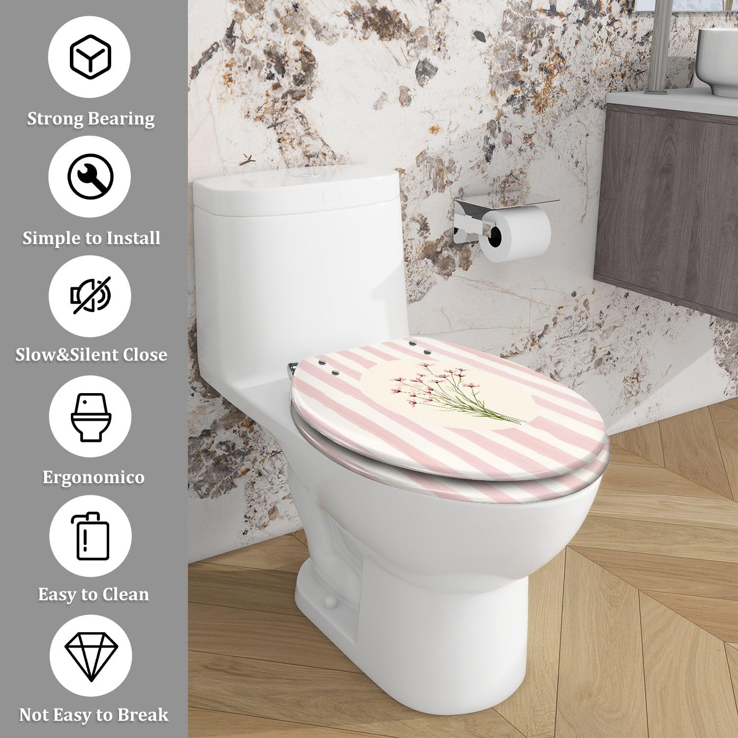 Asiento de inodoro alargado de resina para uso en el baño.