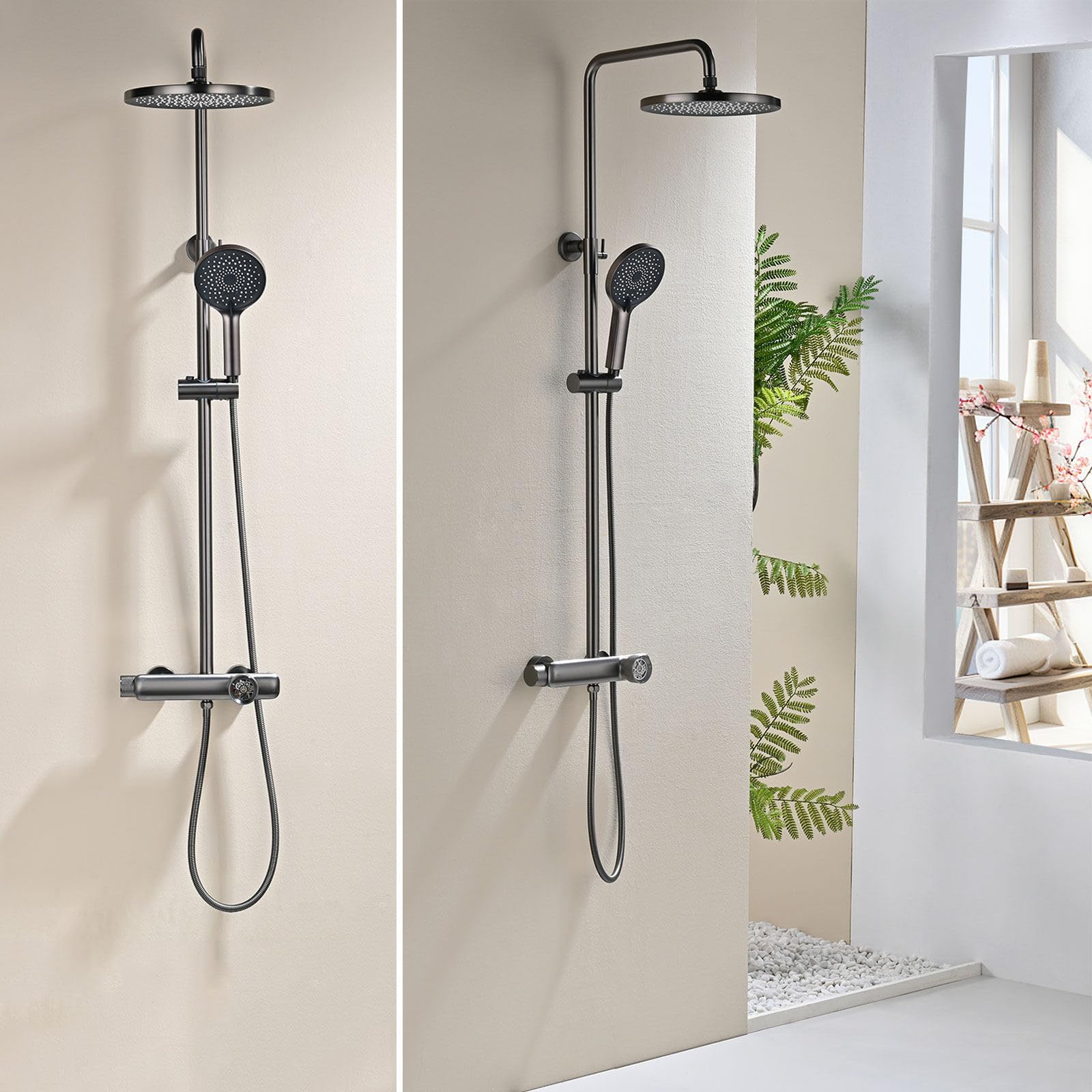 Set Doccia con Miscelatore, Design Innovativo Ingranaggi Meccanici, RSS0714 Moderno Colonna Doccia, Quadrato/Rotondo Soffione, 59A Ottone Valvola di Miscelazione, Altezza Regolabile