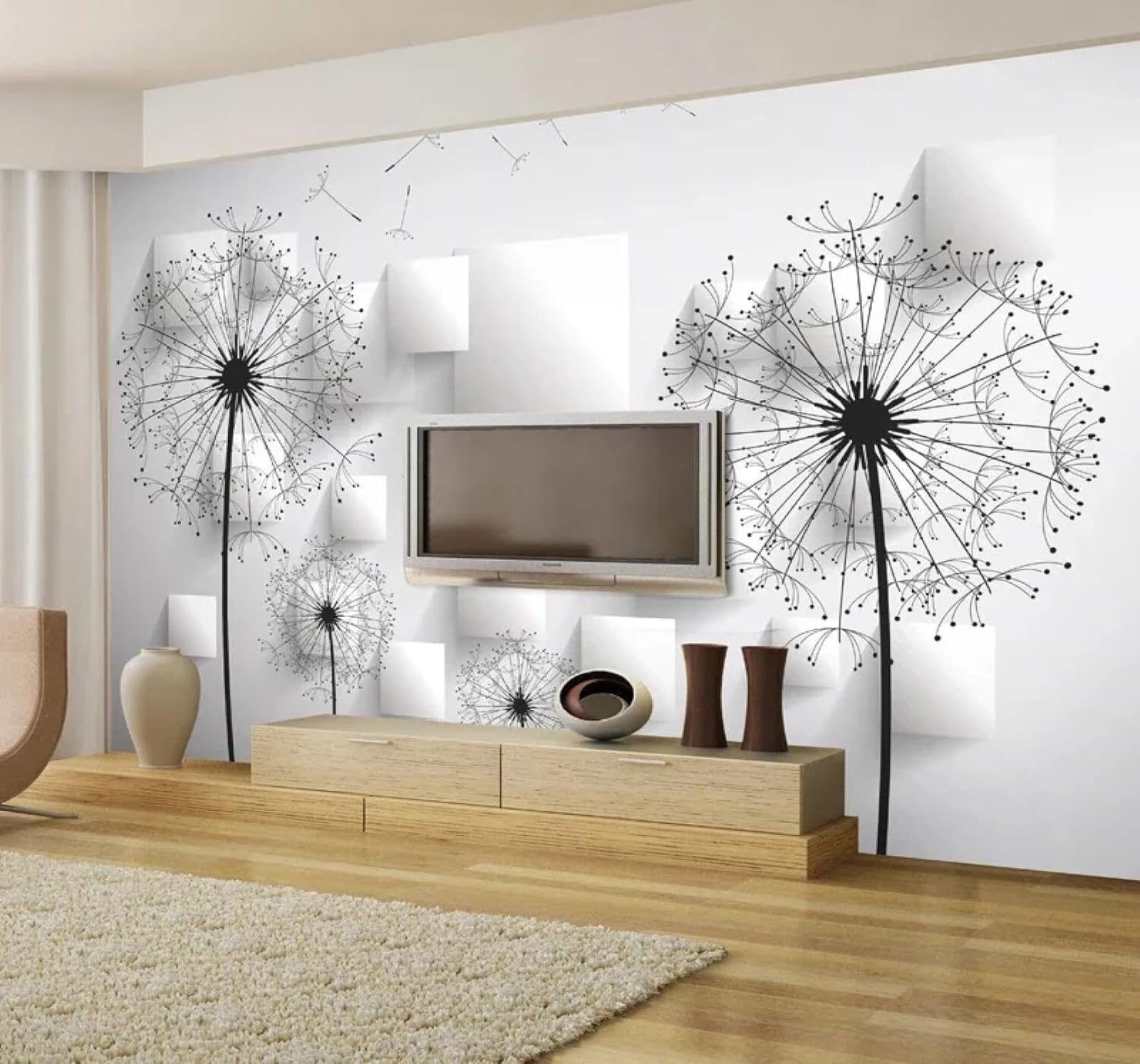 XLMING Minimalist Three Dimensional Black and White Dandelion Square 3D Wallpaper Luxury Home Dining Decor Paste Sofa Living Room The Wall for Bedroom Mural-400cm×280cm