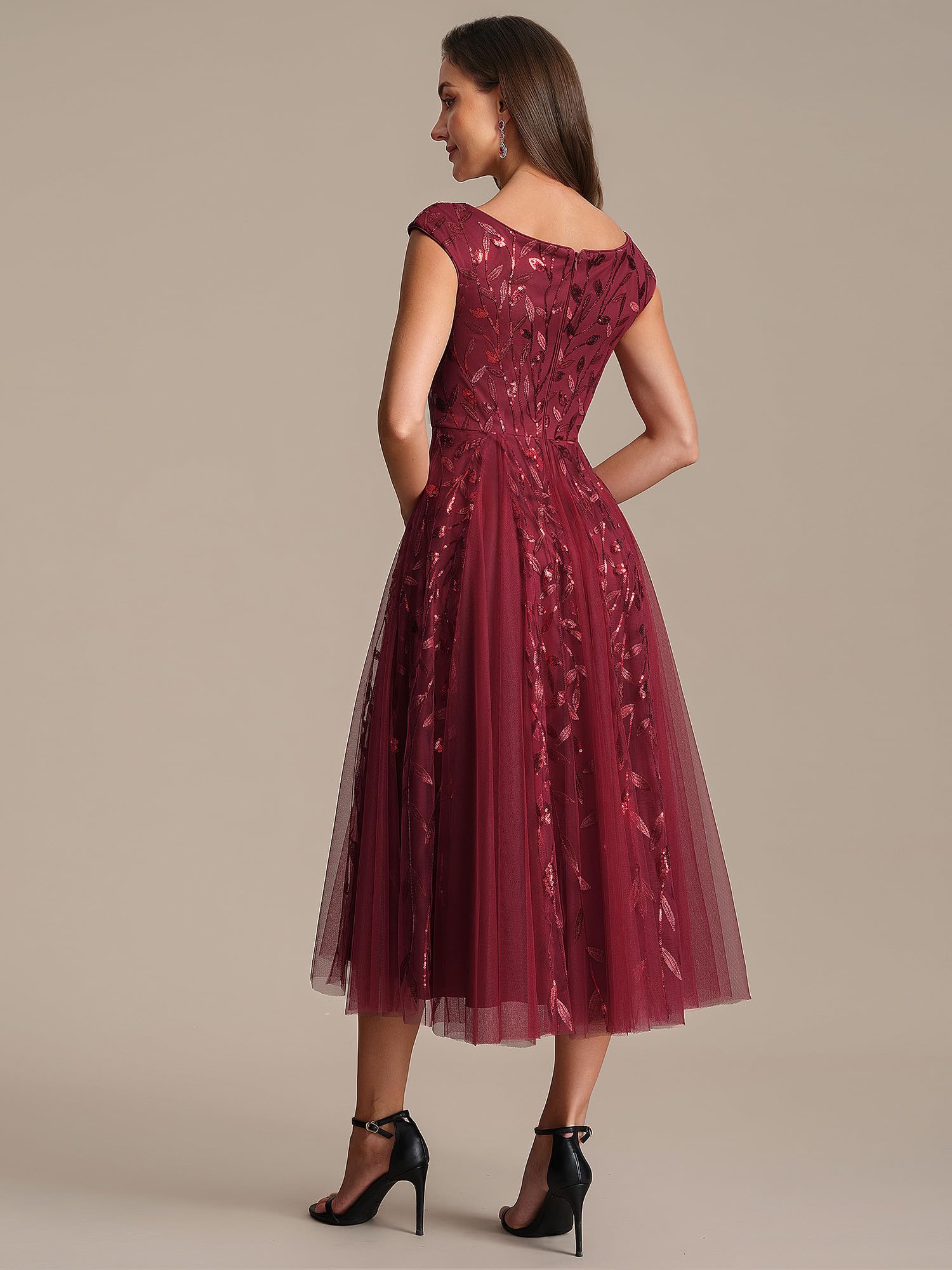 Ever-Pretty Robes d'Invité de Mariage Col en V Manches Courtes Paillette Tulle Midi EG02780