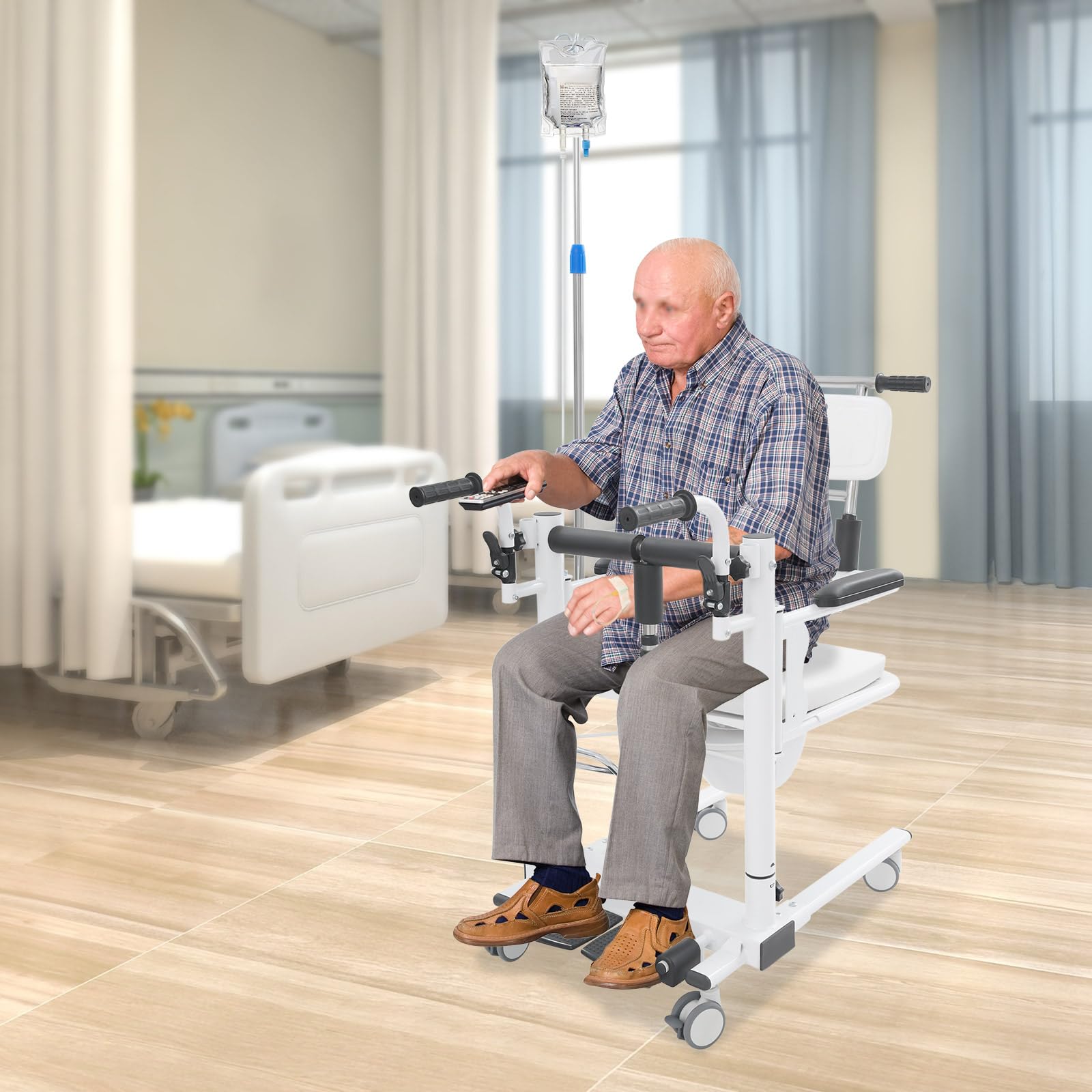 Silla elevadora hidráulica para pacientes, asiento plegable de 180° | Altura ajustable con cinturón de seguridad y soporte de infusión para familias y hogares de ancianos