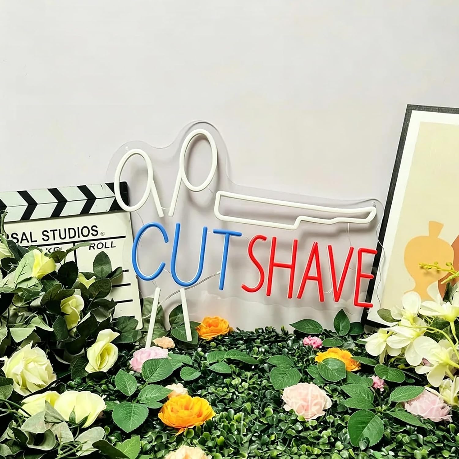 Cut Shave Neon Sign 21inches Dimmable LED Barber Shop Open Business Welcome Wall Art Decor Neon Light Up Signs for Hair Salon Barber Decorations