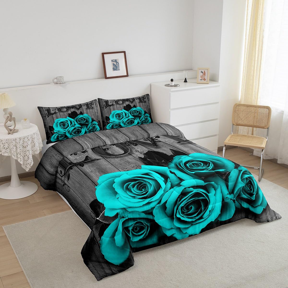 Turquoise Grey Bedding Set Teal Rose Flowers Comforter Set King For Girls Men Women Valentine'S Day Wedding Comforter Gifts For Couple Lover,Country Rose Floral Quilt Duvet Insert 2 Pillow Cases