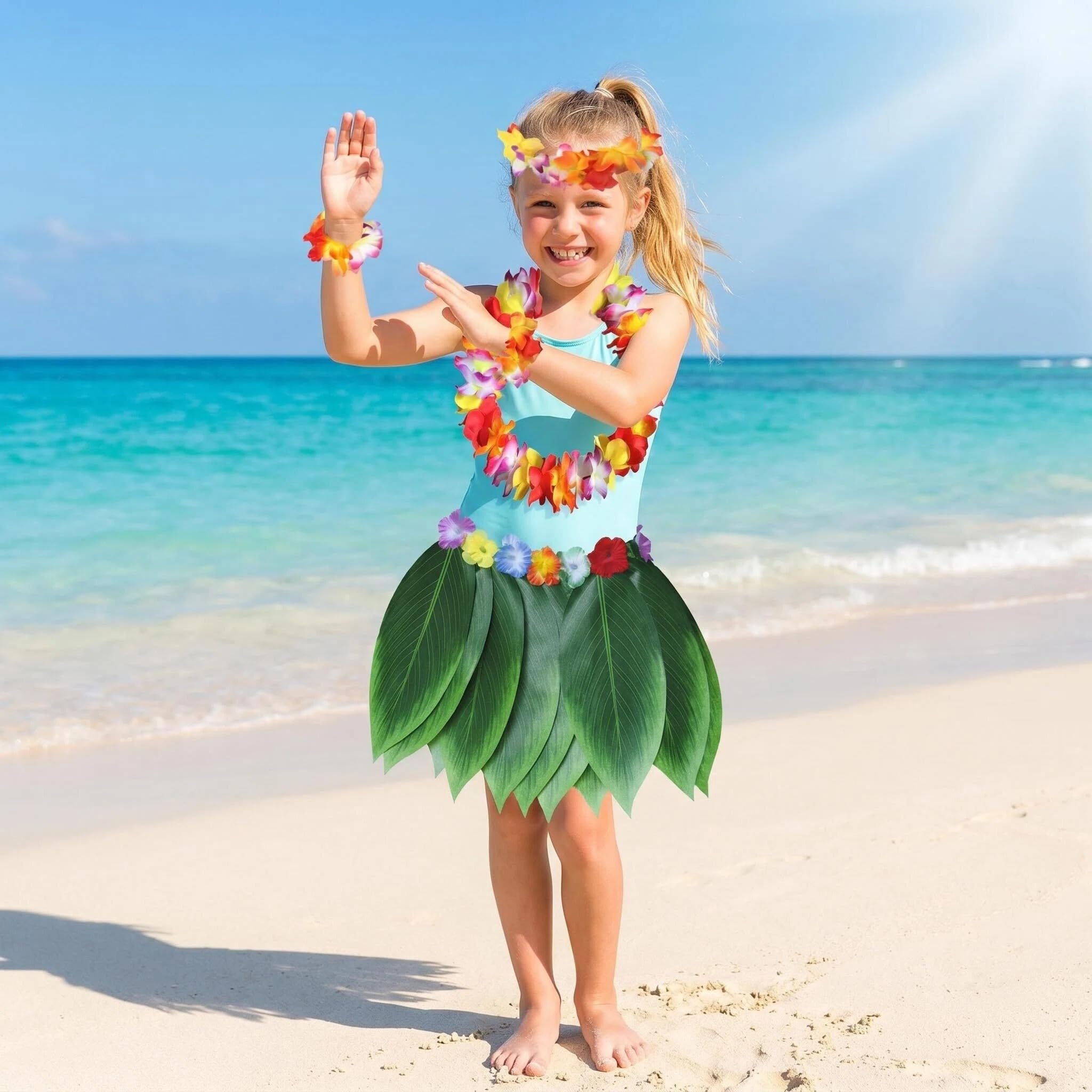 Gonna Hula Foglia Hawaiana con Collana di Fiori, Fascia, Braccialetto, Costume Festa Fancy Dress Hawaiana, Luau Gonna Hula per Bambini Adulti Festa Spiaggia Estive Danza Festa di Carnevale