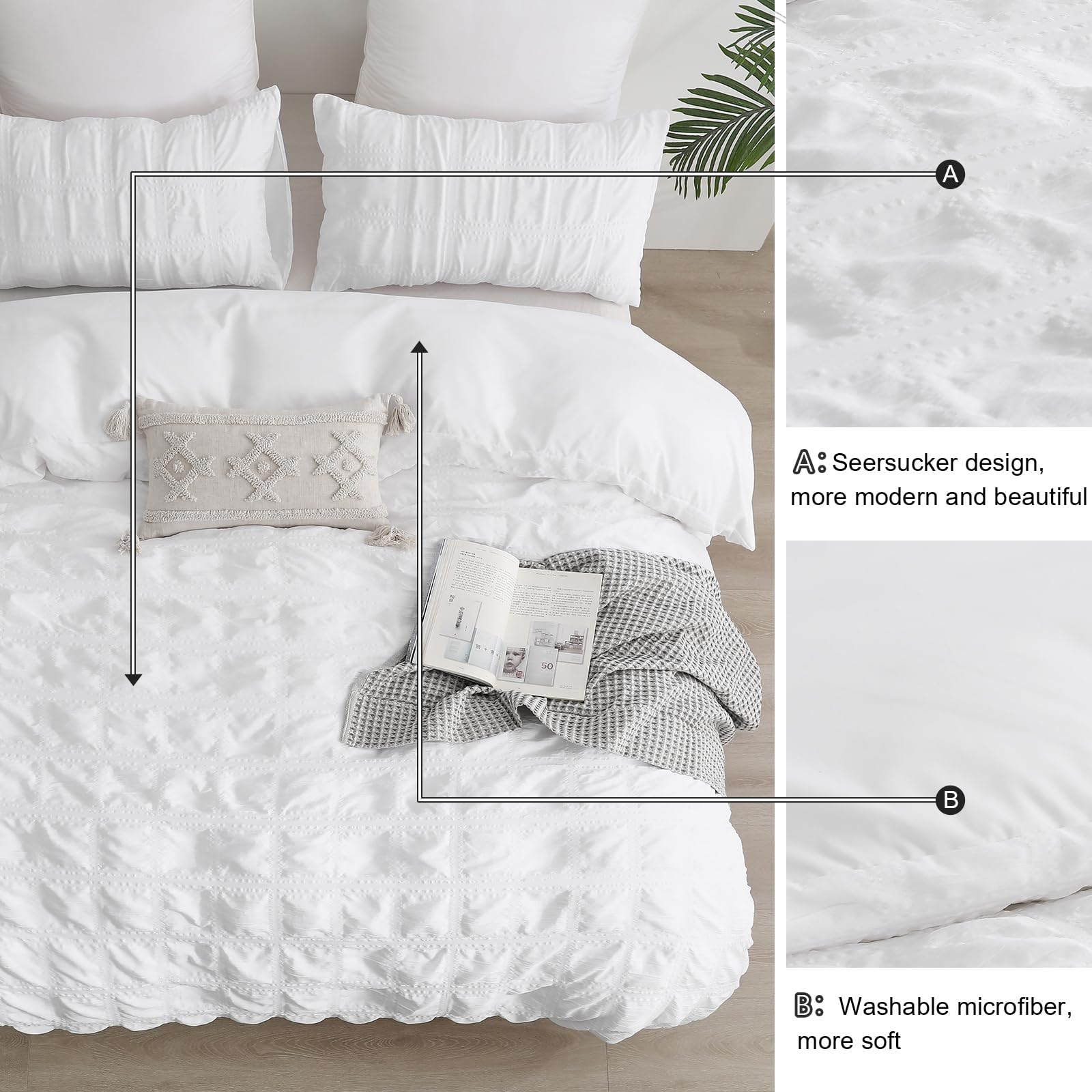Wit Seersucker dekbedovertrek, tweepersoons pompom kwastjes, design beddengoedset, getextureerde beddengoedset met ritssluiting (wit, 200 x 200 cm