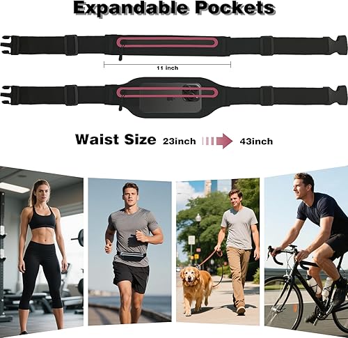 Vista 5 de Riñoneras delgadas para correr para mujeres y hombres, bolsa ajustable impermeable para correr, soporte para teléfono para corredor, Negro + rojo