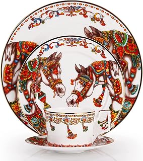 bone china dinnerware sets plates and bowls sets 8-Piece porcelain dinnerware set dinner plate and coffee cup sets red horse pattern christmas gifts for women