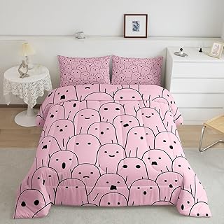 Castle Fairy Cute Ghost Comforter Set,Halloween Theme Bedding Set for Kids Girls Women,Adults Pink and Black Comforter,Cartoon Ghost Quilted Duvet Set Bedroom Collection Twin Size 2Pcs