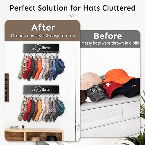Miniatura 4 de FANGSUN Perchero montado en la pared, organizador de madera para gorra de béisbol con 20 ganchos, estante de exhibición de sombrero rústico de