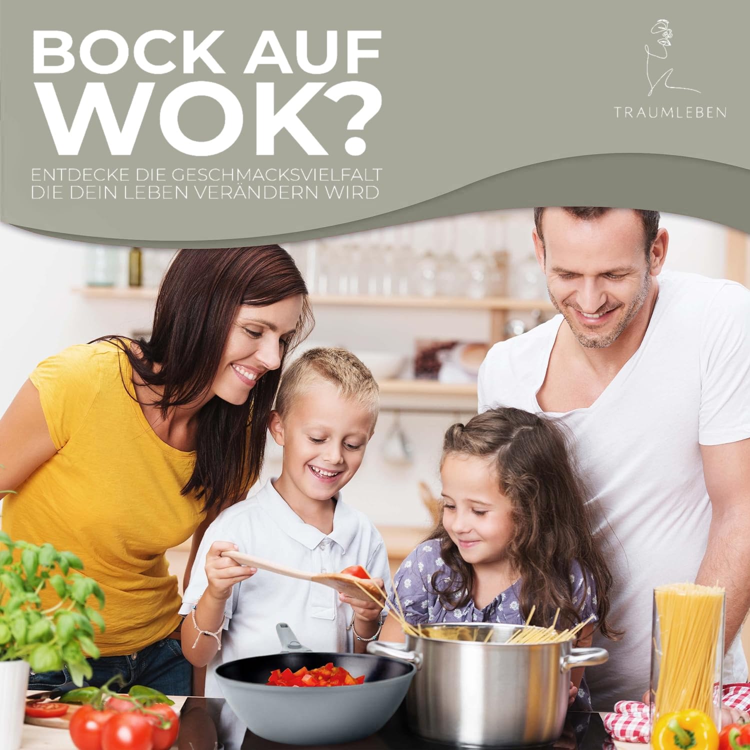 TRAUMLEBEN Wokpfanne 28 cm mit Deckel & abnehmbarem Griff (Grau) | Antihaftbeschichtung, PFOA-frei, für Induktion geeignet, backofenfest, hoher Rand