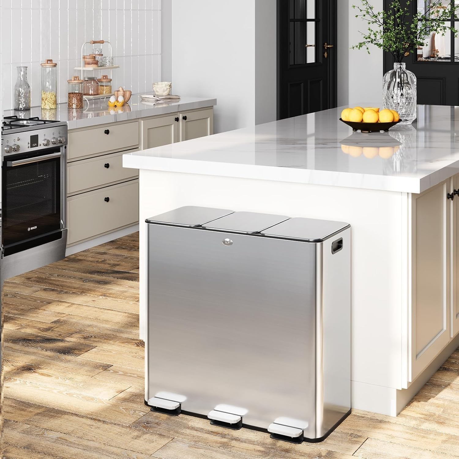 Garvee Stainless Steel Kitchen Trash Can – 90L (3 x 30L) – 3 Compartment Step-On Recycling Bin – Odor Seal, Soft-Close Lid, Removable Buckets, Fingerprint Resistant – Hands-Free Waste Bin for Home,