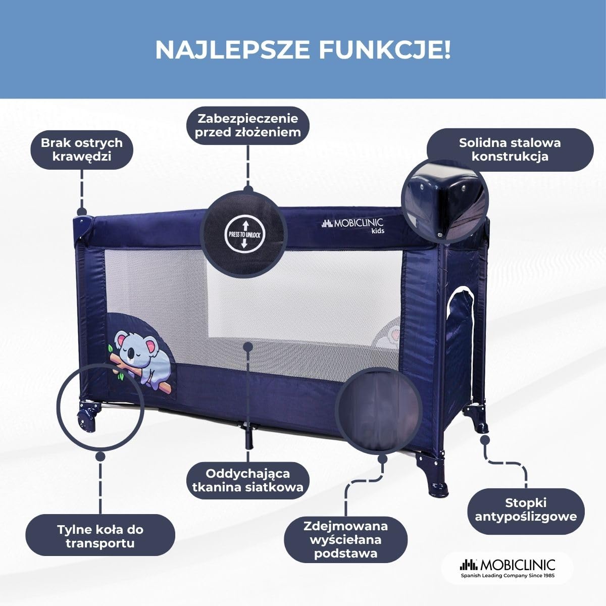Mobiclinic®, Łóżeczko turystyczne, 2 w 1, Ultrakompaktowe składanie, Wyjmowany materac, Mofli, Do 15 kg, Oddychająca tkanina, Kojec dla dziecka, Kółka (ciemnoniebieski)
