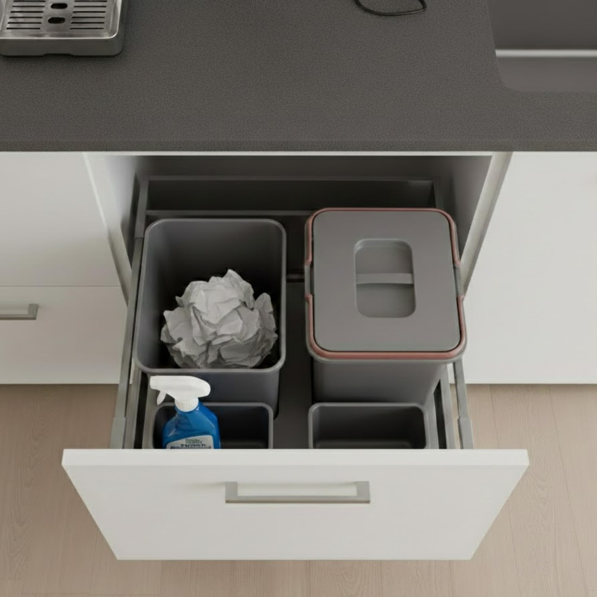 Mülltrennsystem Küche für 60 cm Schrank 2-fach 52,5x49x30 cm (2x 15L) mit Deckel Einbau Abfallsammler für Schubladen Küchenabfalleimer Abfalltrennung Abfallbehälter Set Silberfarben