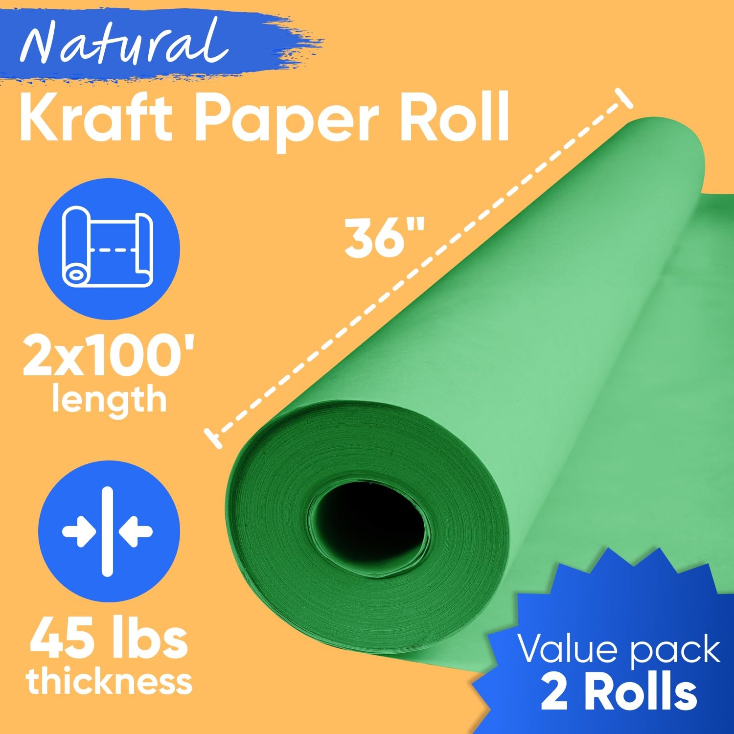 Paclord Lot de 2 rouleaux de papier kraft vert de 36 x 1200 pouces (lot de 2) - Épaisseur : 45 livres - Fabriqué aux États-Unis - Papier kraft coloré pour l'école - Sans odeur