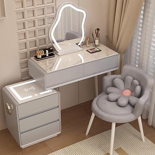 Miniatura 18 de Tocador con espejo con luces, mesa de tocador con cajones, mesa de maquillaje blanca, 3 modos de iluminación de brillo ajustable, para dormitorio,