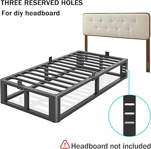 Miniatura 7 de Base de cama individual de metal resistente de 14 pulgadas con esquinas redondeadas y agujero para cabecero, retenedores de colchón de 3500 libras,