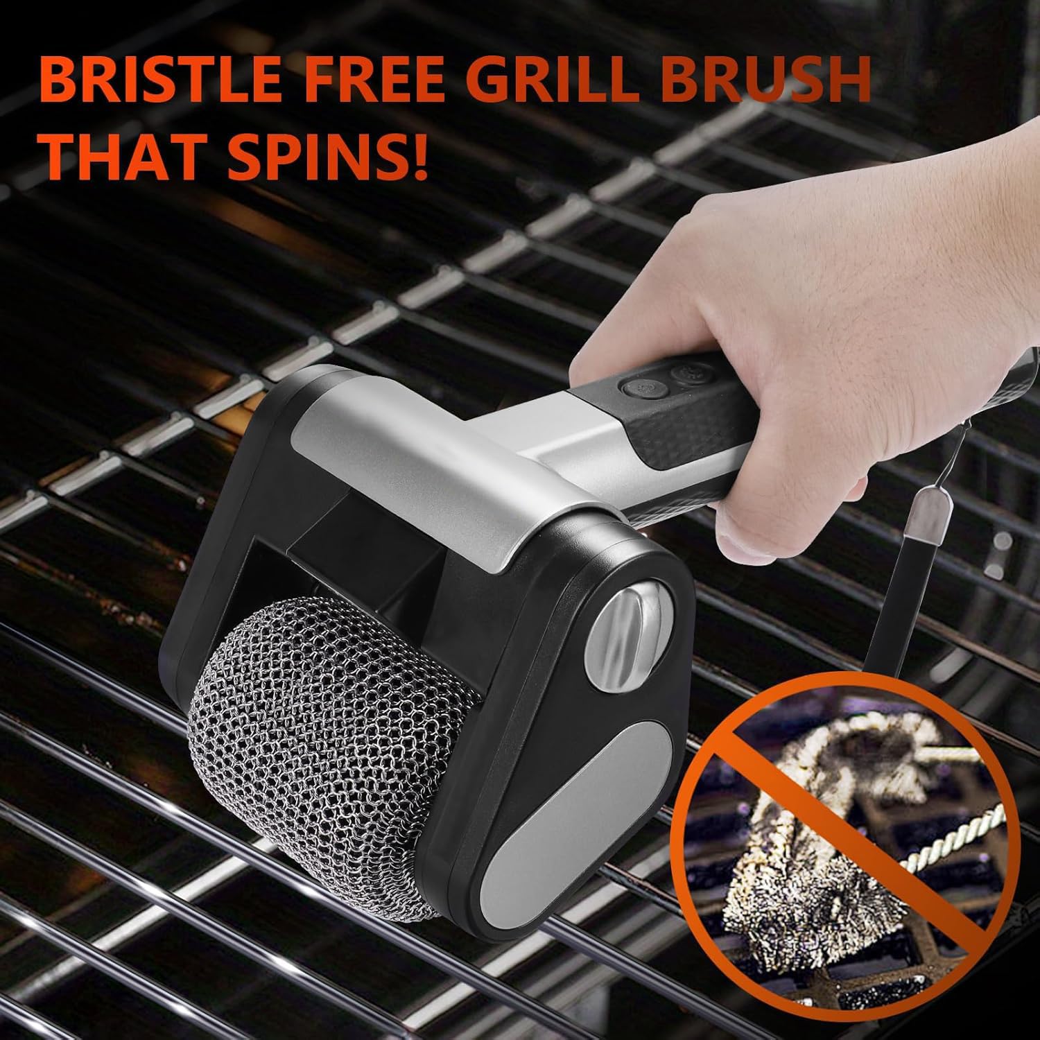 Limpiador eléctrico de parrilla, cepillo recargable para barbacoa con rodillo de acero inoxidable de 350 RPM y luz LED, herramienta sin cerdas para una limpieza eficiente de barbacoas y parrillas