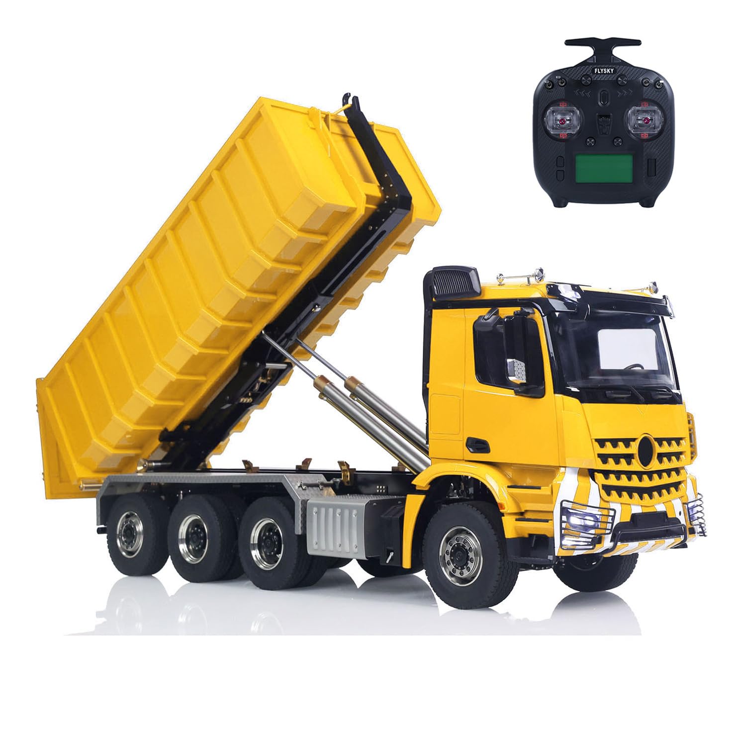 1 14 RC Hydraulic Dumper Truck 8X8 Roll On Off Full Dumper Car Rear Axle Steering Light Sound