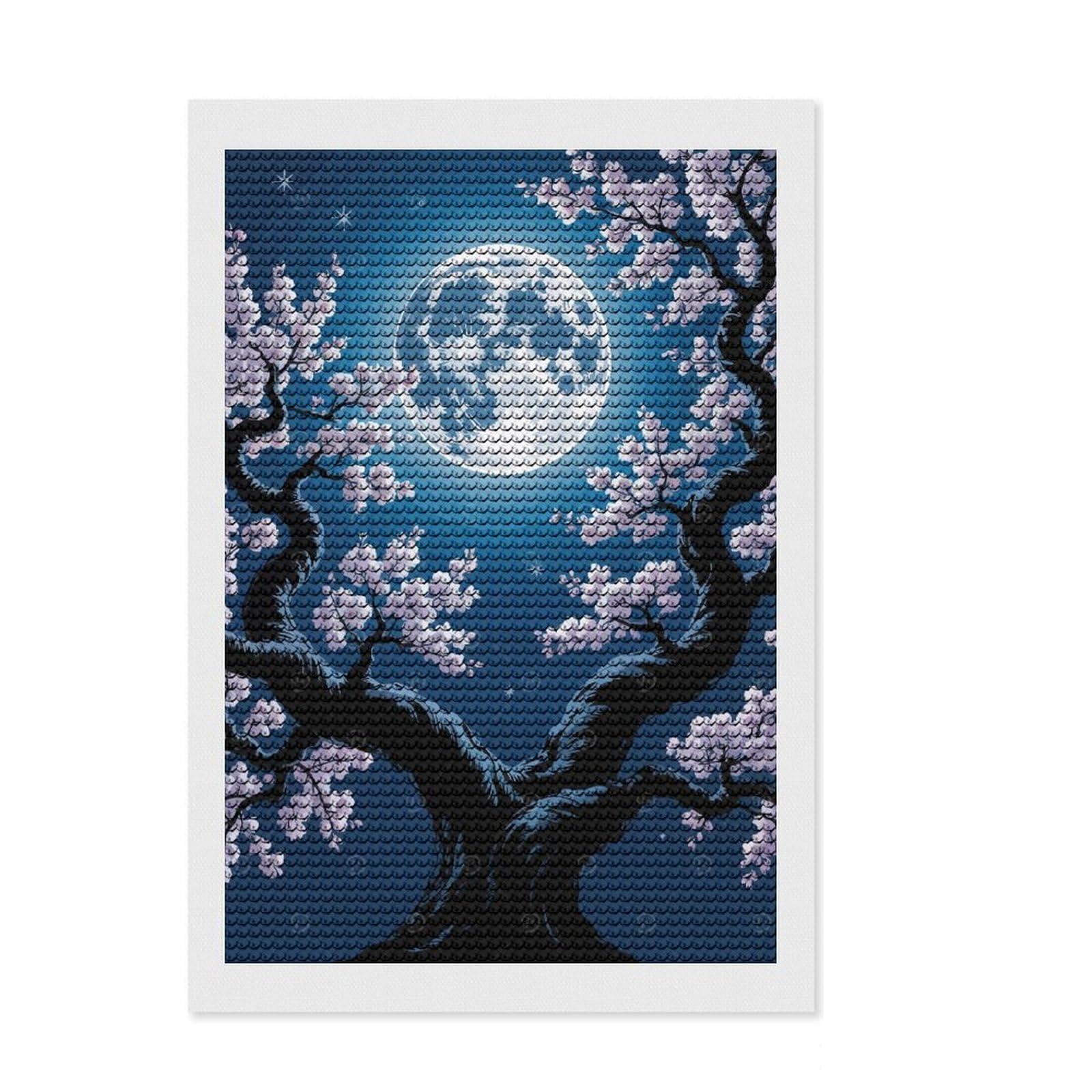 Junmoney Cherry Blossoms Under Moonlight Diamond Painting Canvas Set 8"x12", for Craft Lovers, Nice Detail and Sparkle, Boho Decor, Birthday Gift
