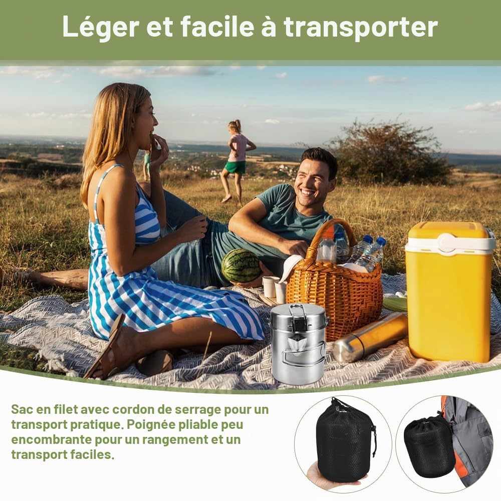 LANSKYLAN Casserole Camping 15.5x11cm, Popote Randonnée en Acier INOX, Popote Camping avec Poignée Pliable, Casserole de Randonnée 1-2 Personnes, Popote Bivouac Portable, pour Cuisson Pique-Nique