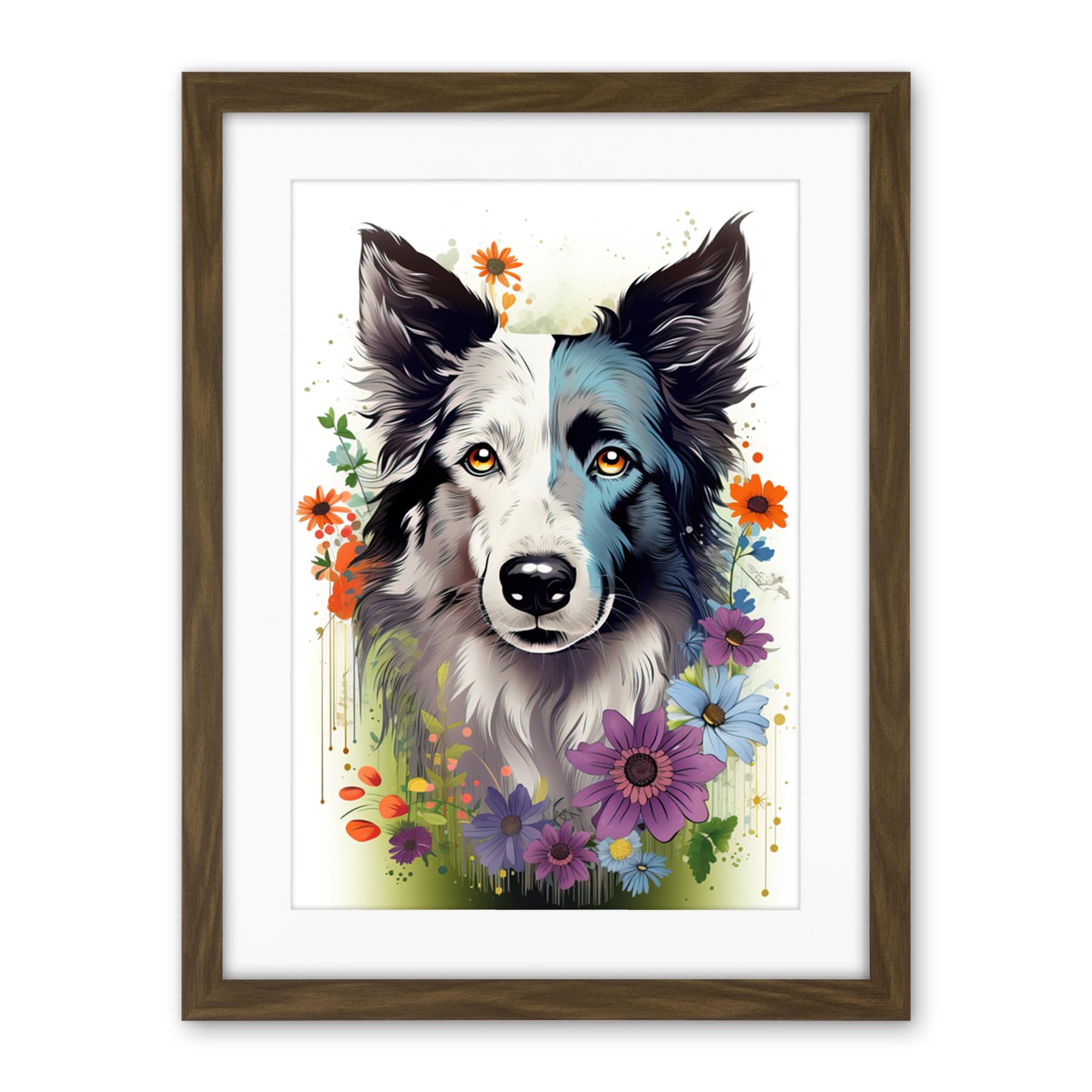 Artery8 Border Collie Dog Pict Scotland Blue Bawsant Face Bright Artwork Portrait with Wildflowers Artwork Framed Wall Art Print 18X24 Inch