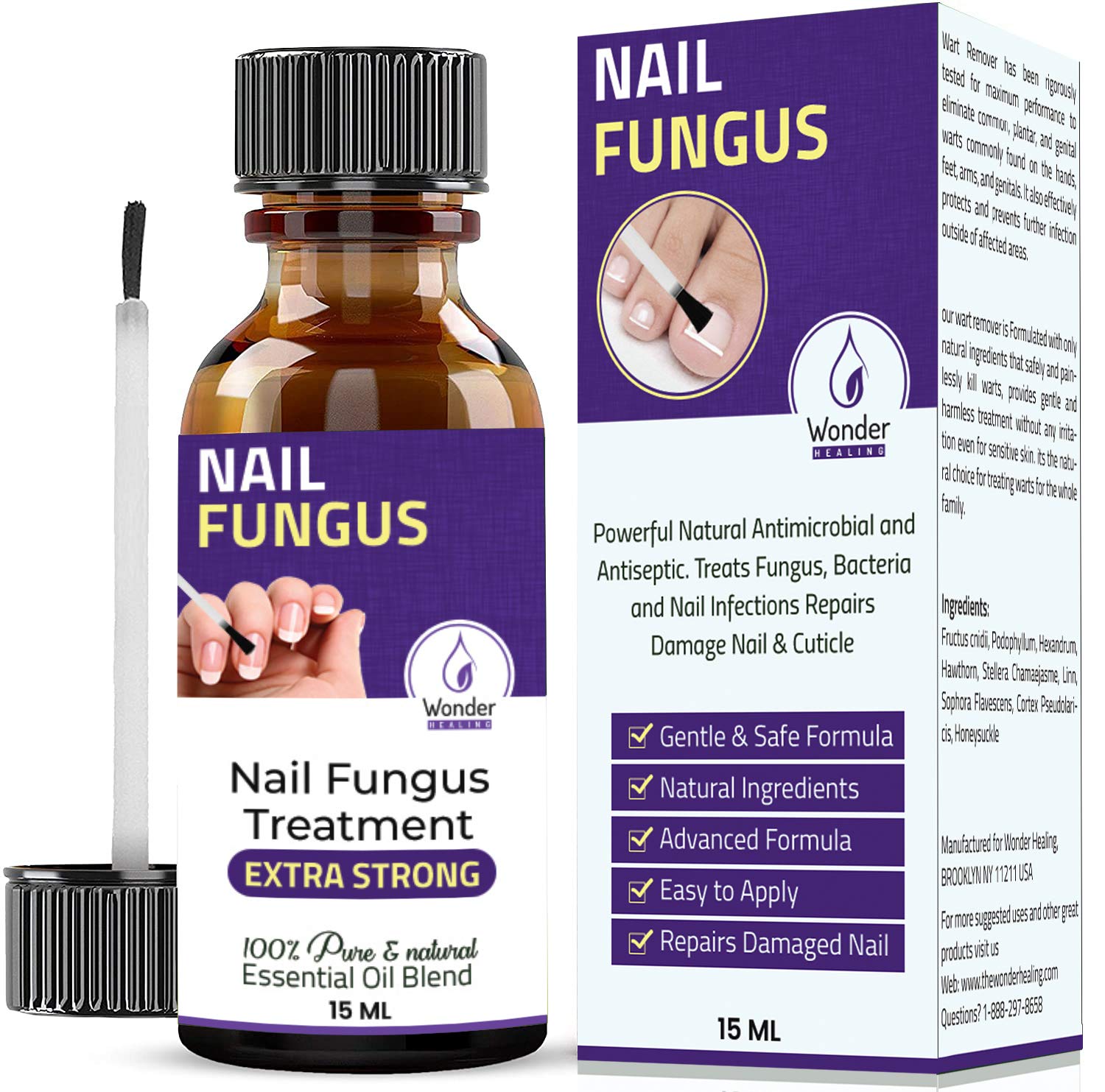 Nail Fungus Formula with Natural Ingredients, Fingernail and Toenail Solution, Extra Strength Formula for Damaged, Discolored Nails & Healthy Nails. By Wonder Healing (15 ml)