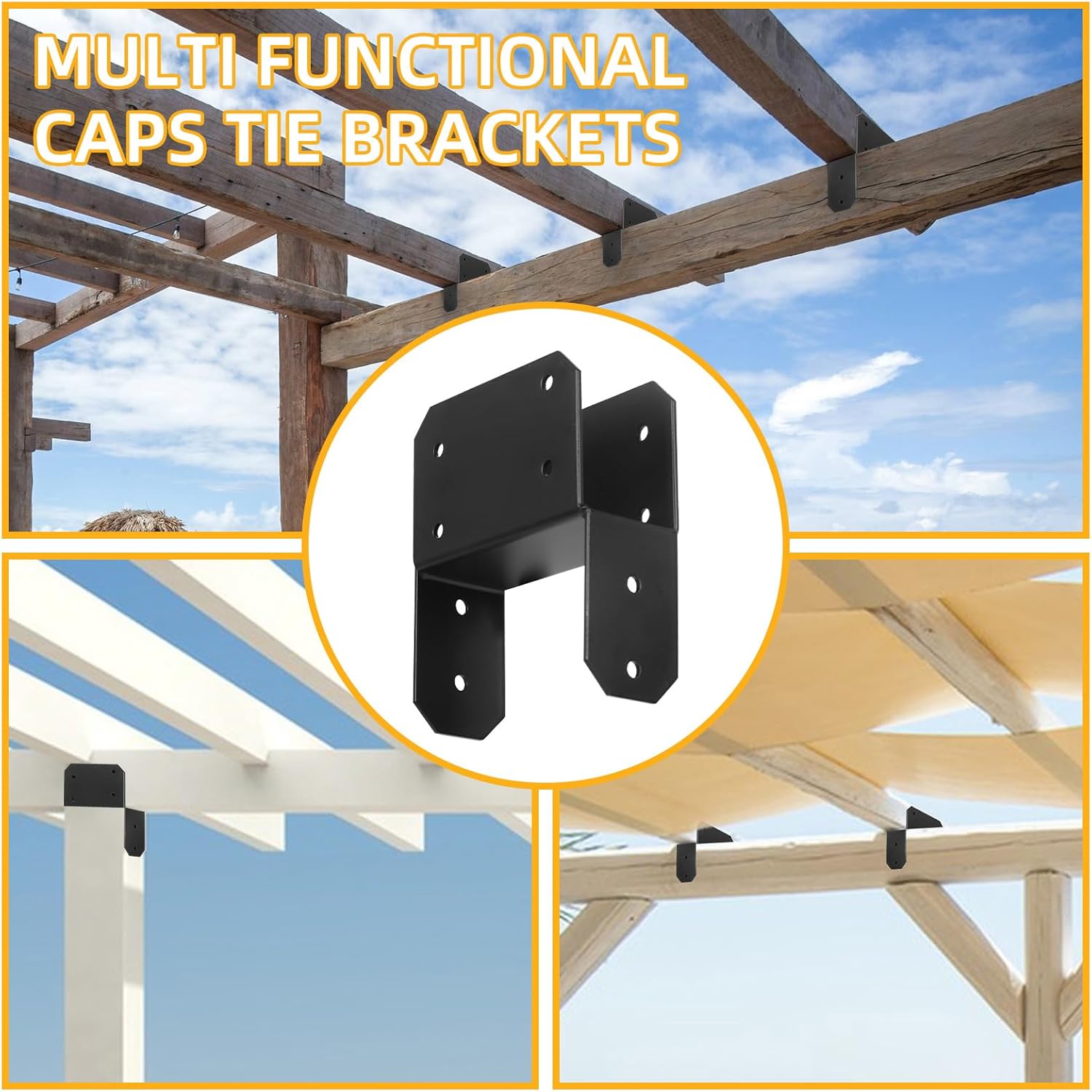 8 Pcs Black Caps Tie Brackets for 2x4 Post(Actual 1.5"x3.5"), Post Cap Tie Carbon Steel Post Bracket Anchor Connector Support for Post to Wood Deck