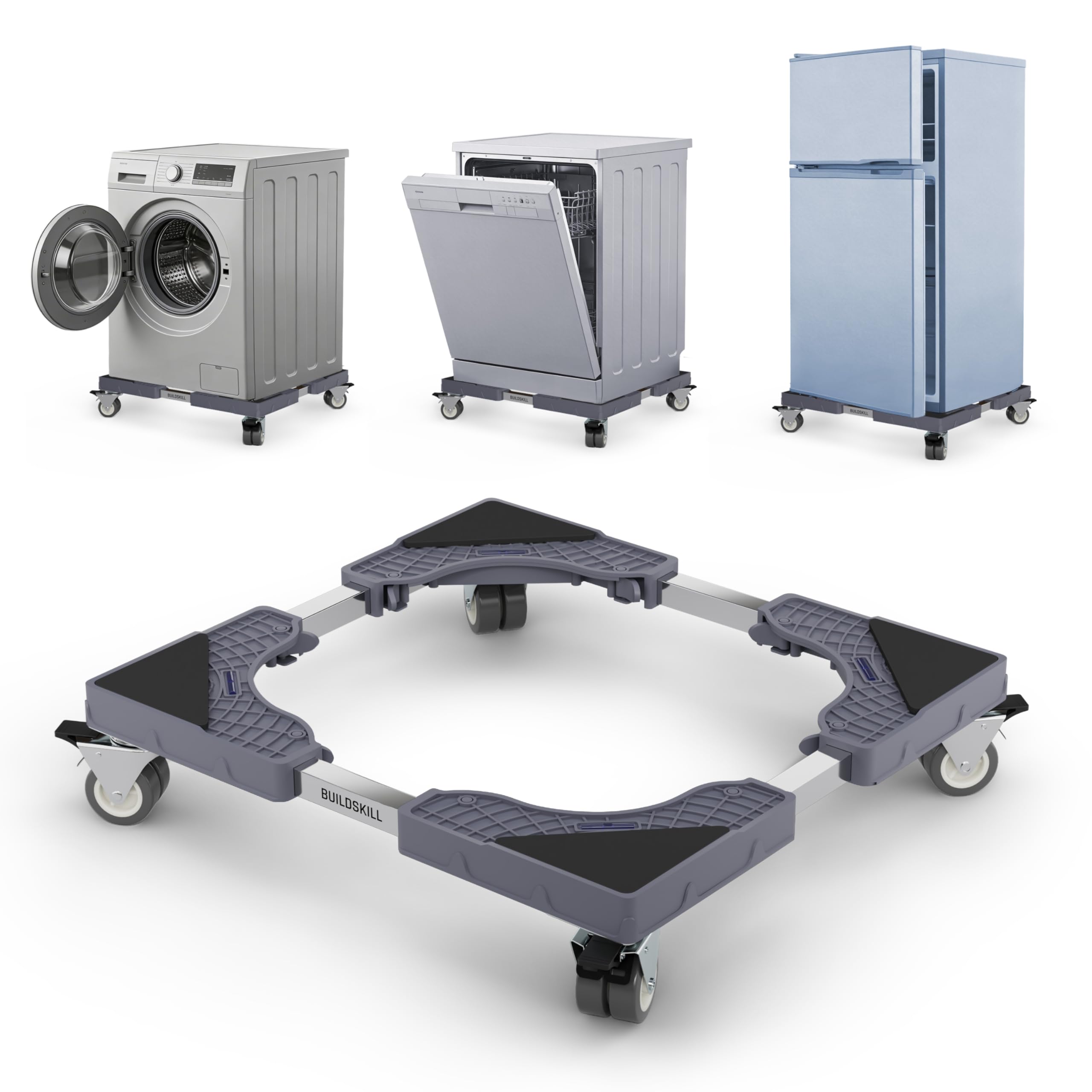 BUILDSKILL 200Kg Washing Machine Stand Adjustable | SS Tubes | 360° Rotating Double Wheels with Lock | Absorbs Vibration | Anti-Skid Top & Front Load Washing Machine Trolley (Grey)
