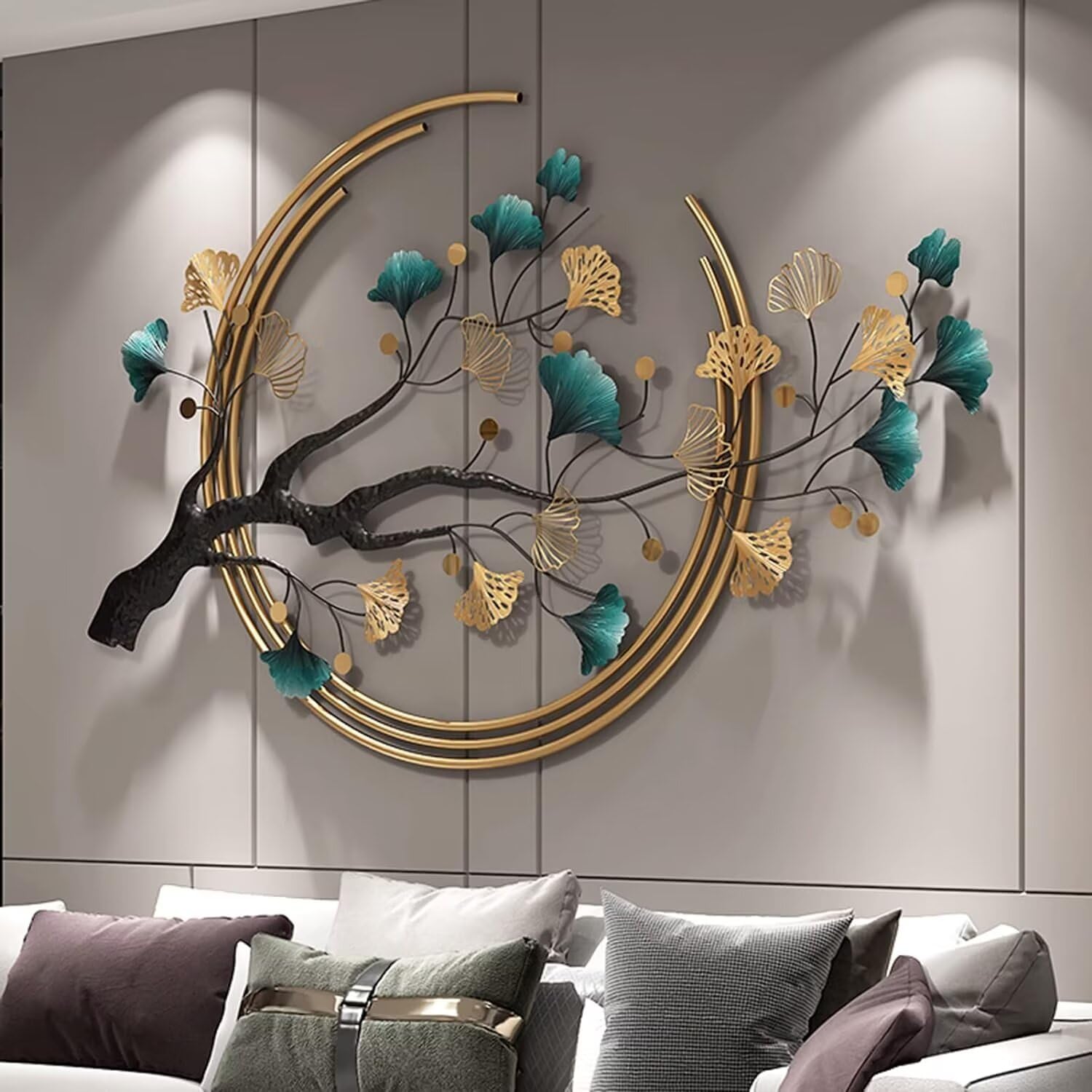JKFGYTHG Décoration murale de luxe en métal avec des feuilles de ginkgo, décoration d'art naturel pour le salon, la chambre, la cuisine et l'hôtel, 134x83cm