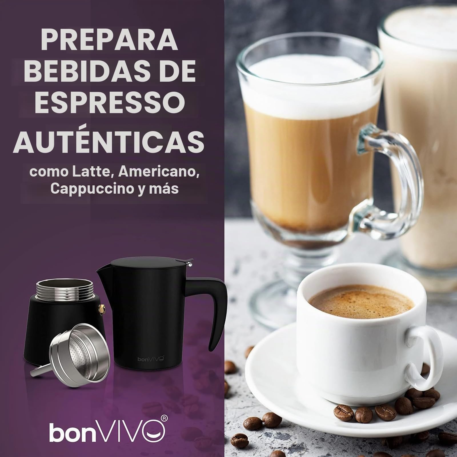 bonVIVO Cafetera Italiana – Cafetera Moka de Acero Inoxidable para Café Espresso – 6 Tazas – Compatible con Inducción, Vitrocerámica, Gas y Eléctrica – Color Cobre Elegante